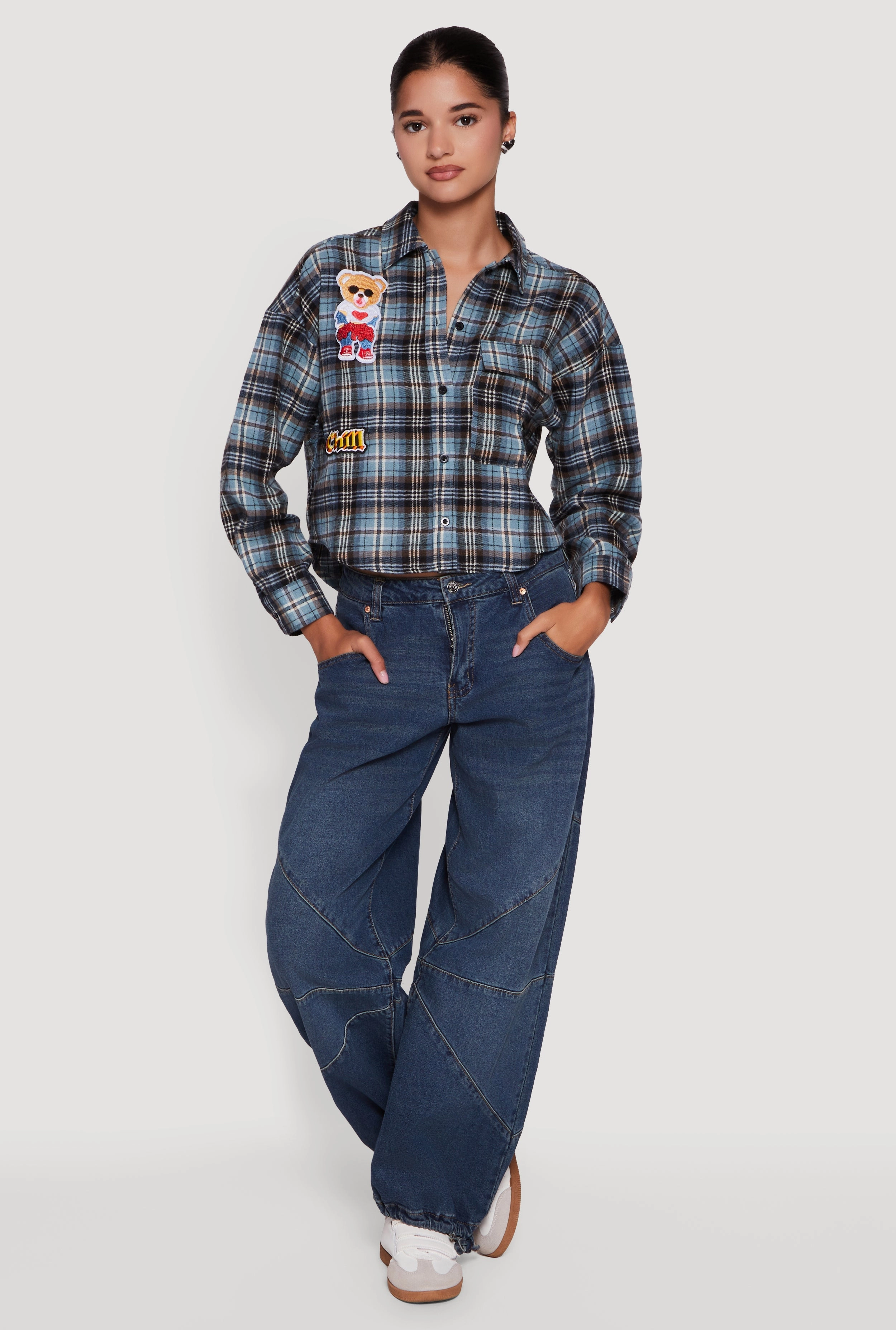 moisture - wicking Budget - friendly Plaid Flannel Patch Detail Cropped Button Front Shirt