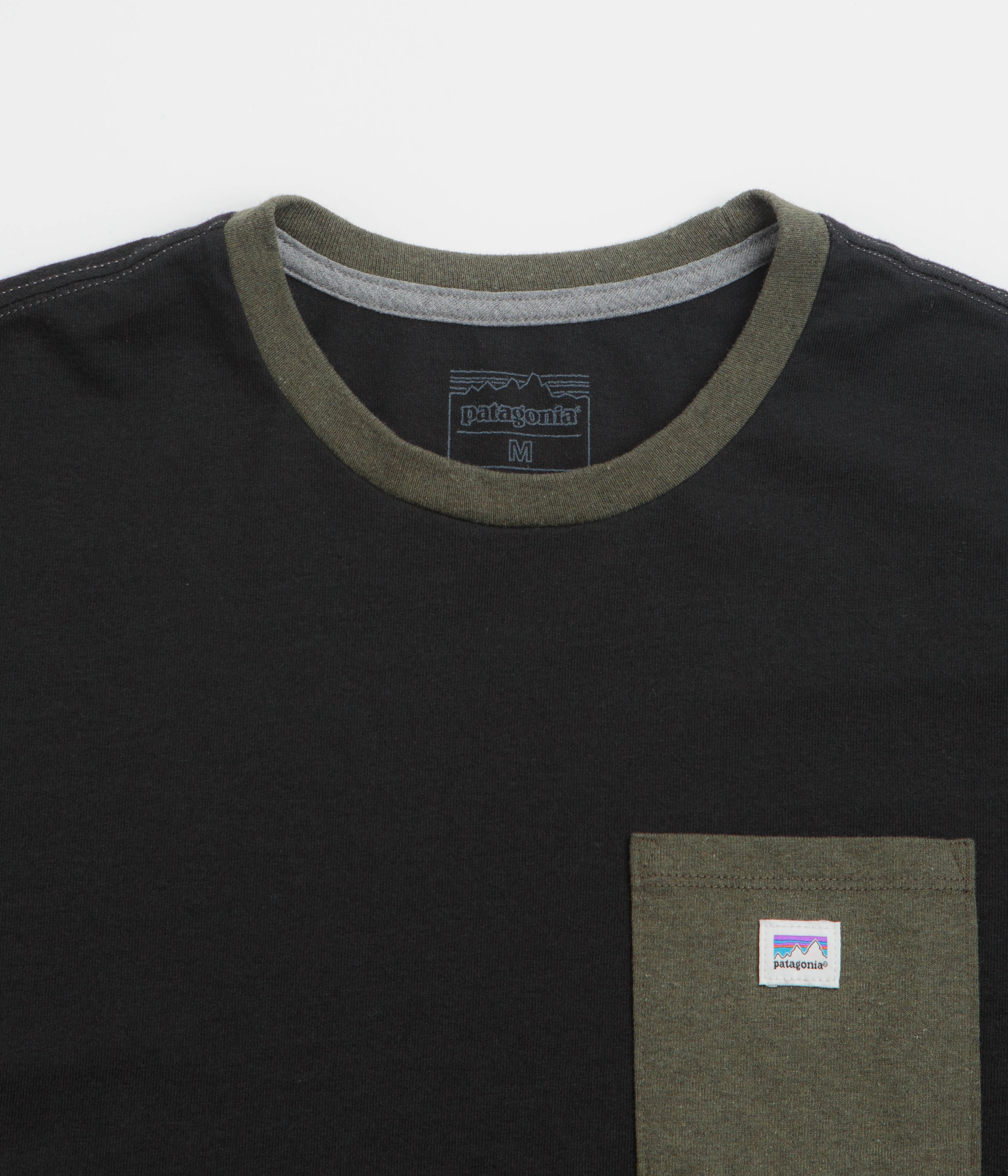 Patagonia Shop Sticker Pocket Responsibili-Tee T-Shirt - Black / Basin Green Colorfast Dye