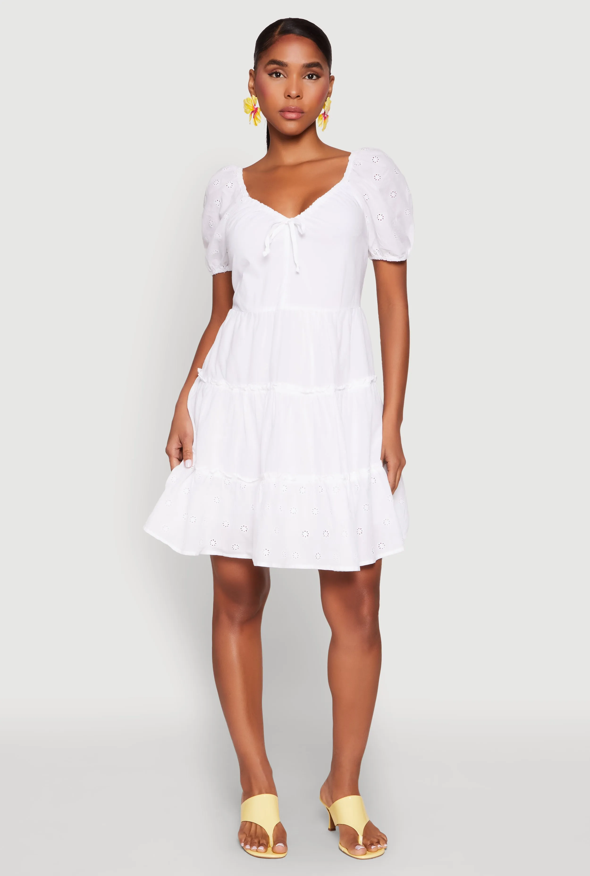 Sharp Detail Peach Tone Haute Monde Eyelet Tiered Mini Dress