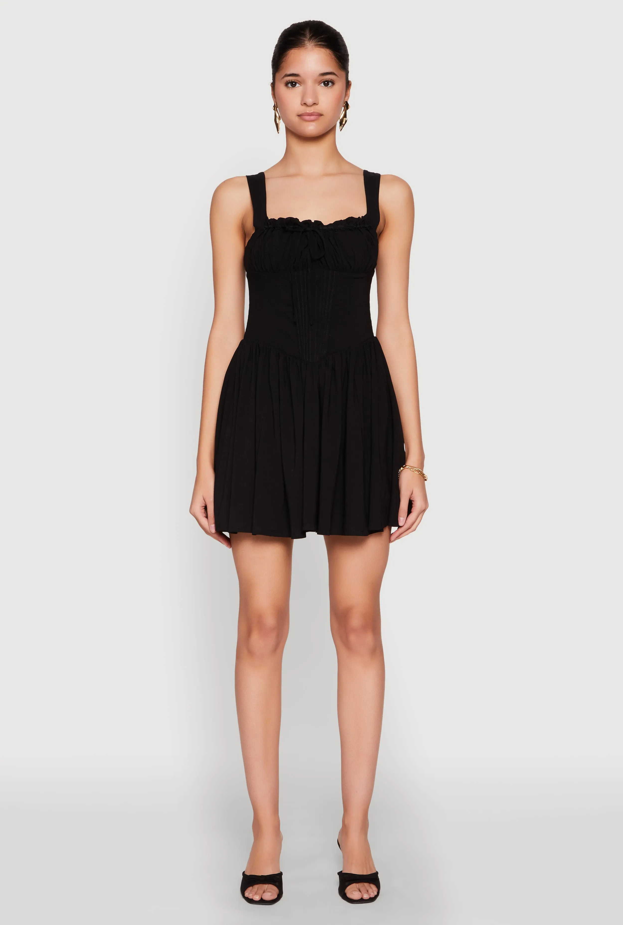 Asymmetric-Neck Pleated Corset Mini Dress