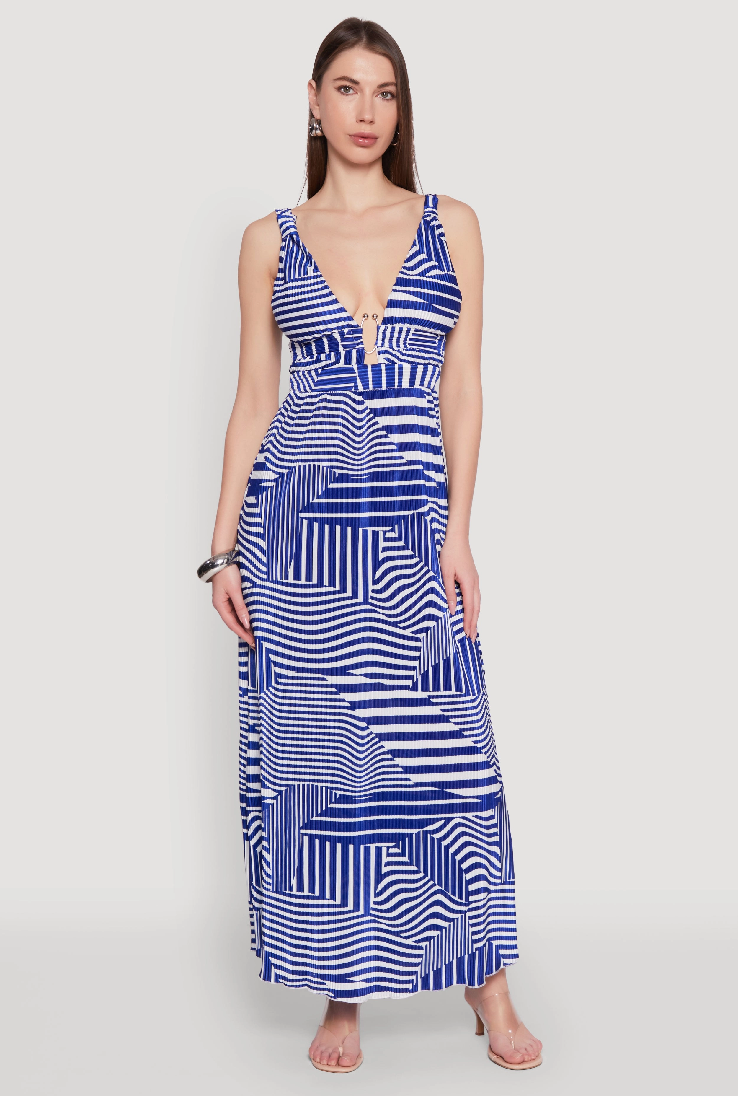 Plisse Abstract Stripe Plunge Metallic Detail Maxi Dress Smooth Layers Clean Aesthetic