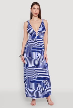 Plisse Abstract Stripe Plunge Metallic Detail Maxi Dress Smooth Layers Clean Aesthetic