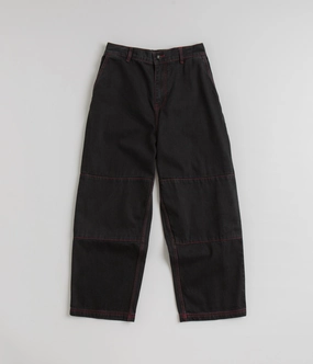 Layered Panel Design Laser Cut Perforations Poetic Collective Denim Sculptor Pants - Black / Red Stitch