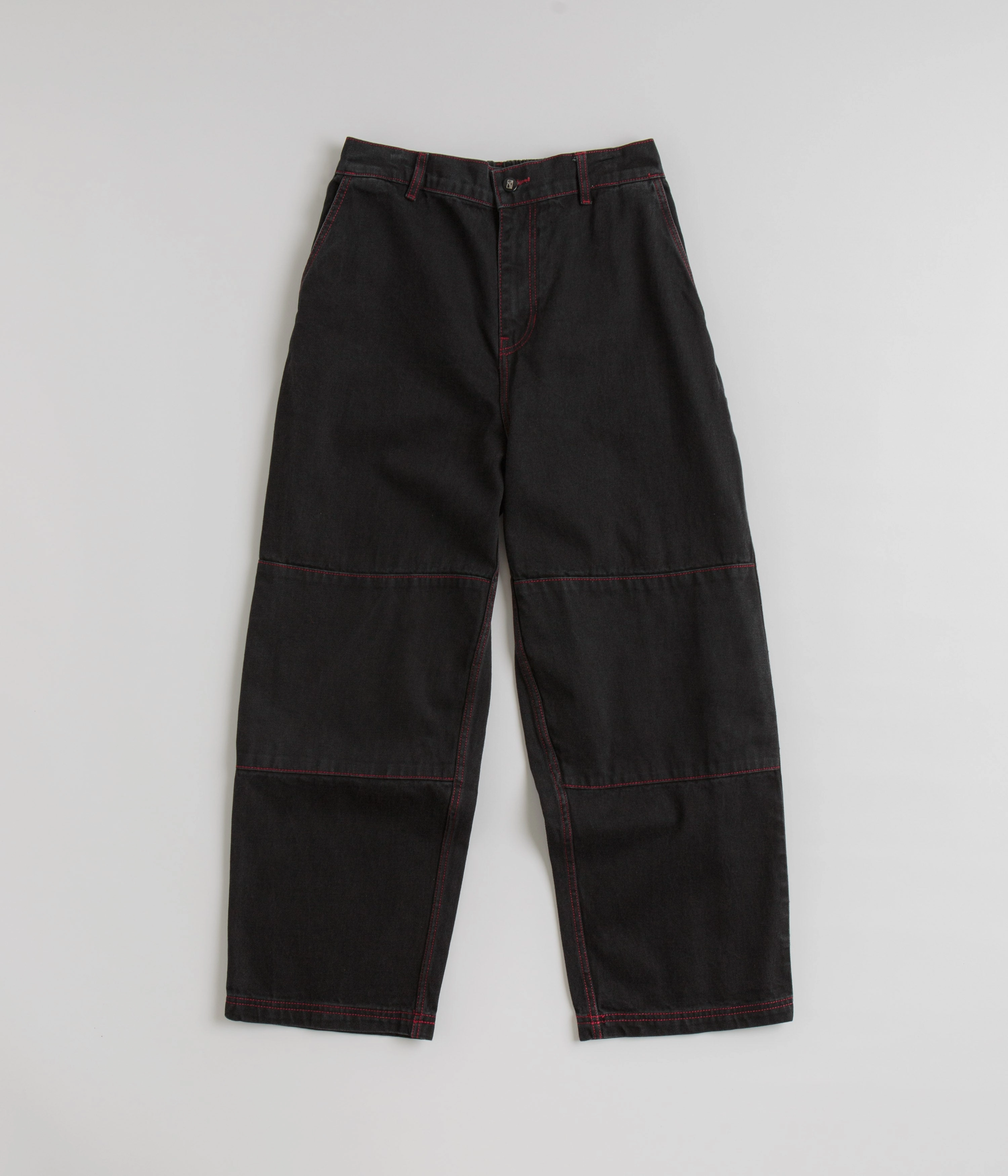 Layered Panel Design Laser Cut Perforations Poetic Collective Denim Sculptor Pants - Black / Red Stitch