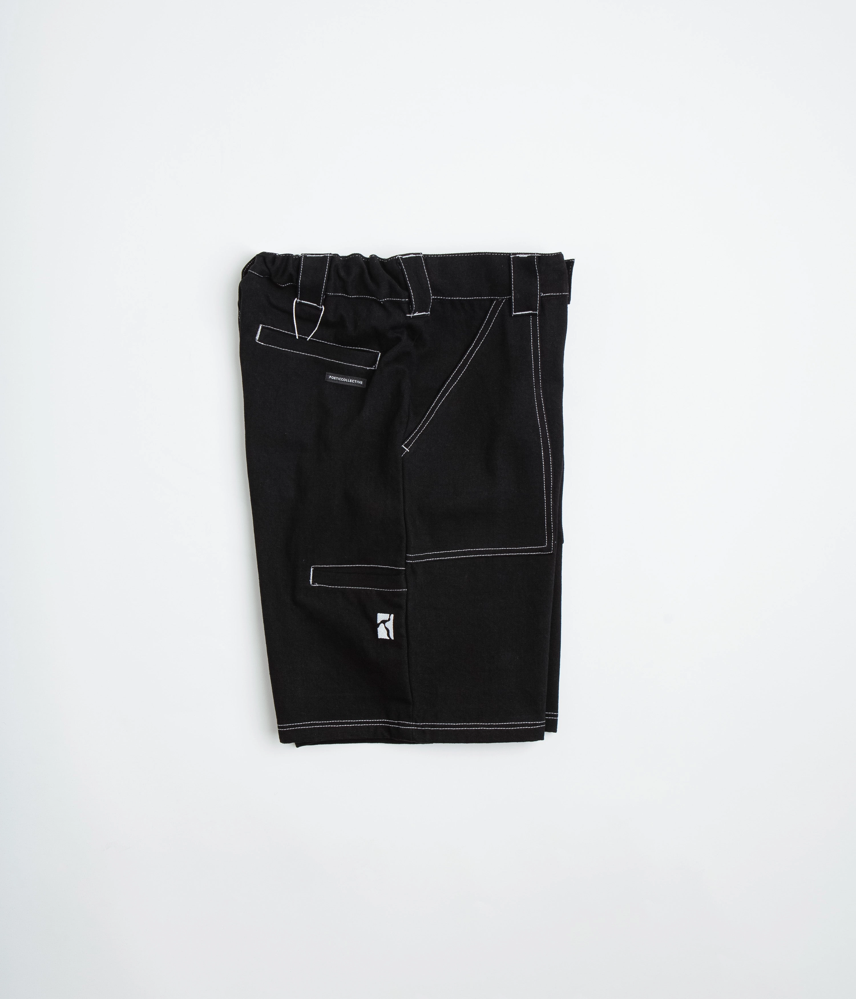 Poetic Collective Painter Shorts - Black Denim / White Stitch Fitted Design