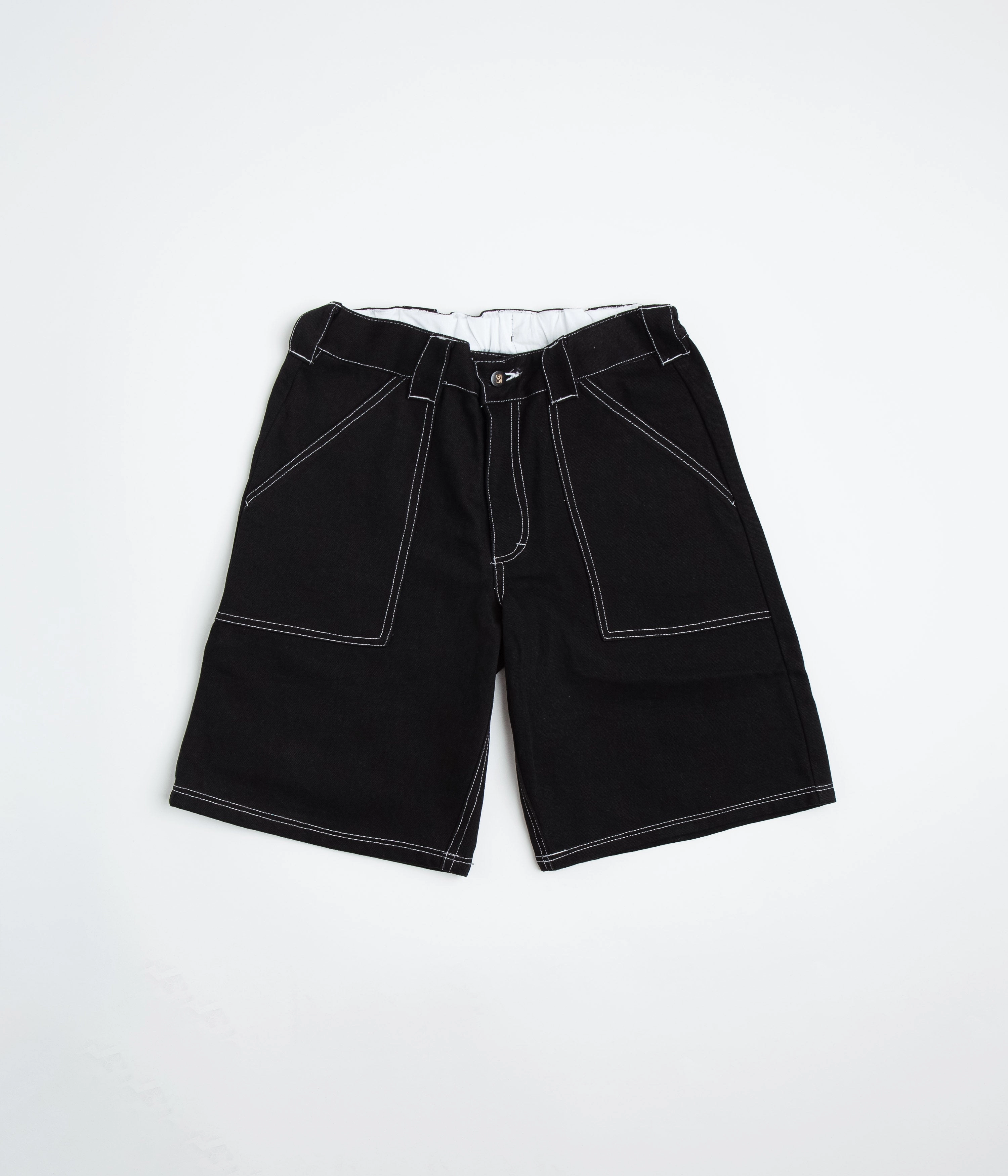 Poetic Collective Painter Shorts - Black Denim / White Stitch Low Bulk Waistband