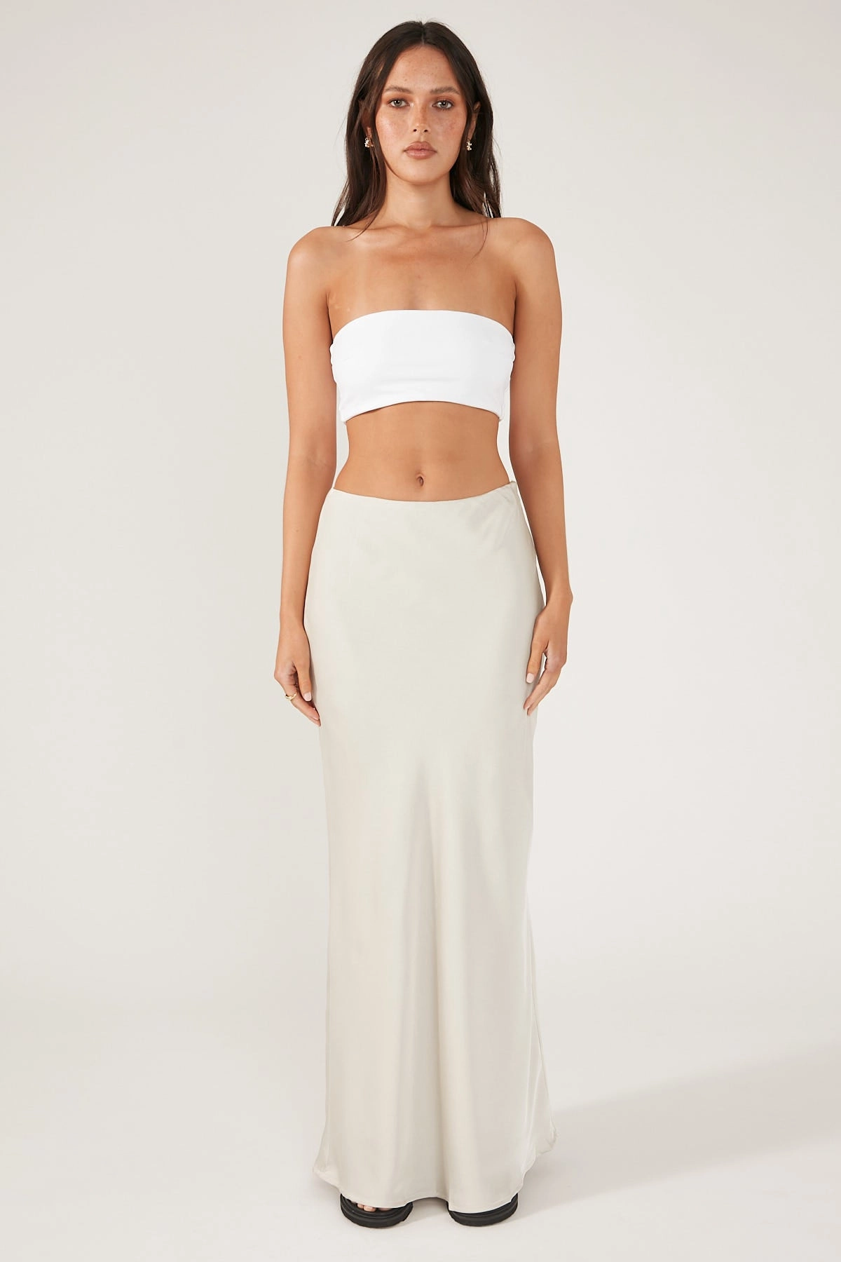 Perfect Stranger GLOSSY NIGHTS SATIN MIDI SKIRT Nude Fashion Style Soft Texture
