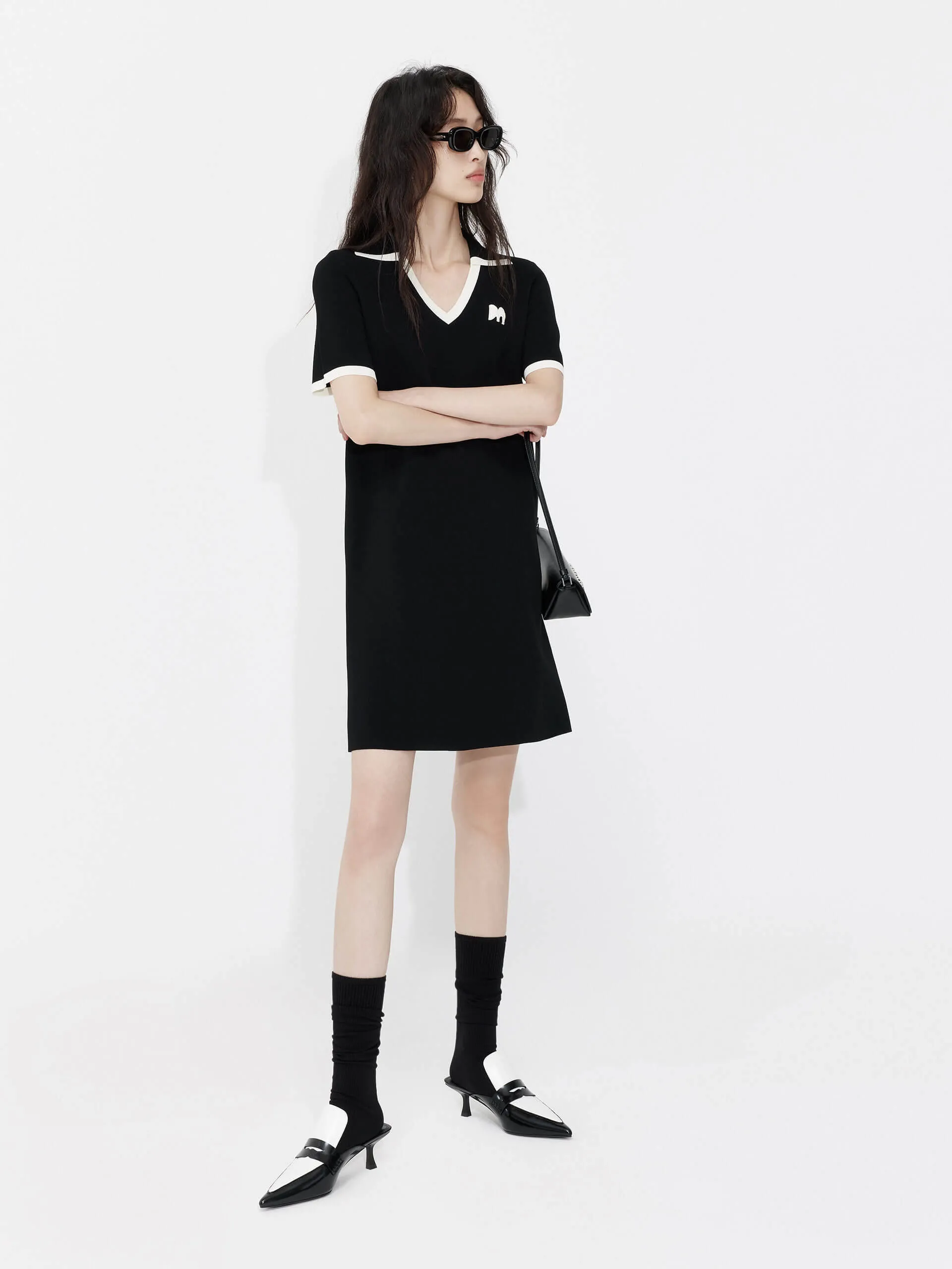 Polo Collar Contrast Dress Flattering Shape