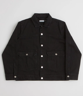 Pop Trading Company Full Button Denim Jacket - Rinsed Black wrinkle free finish Knee Length