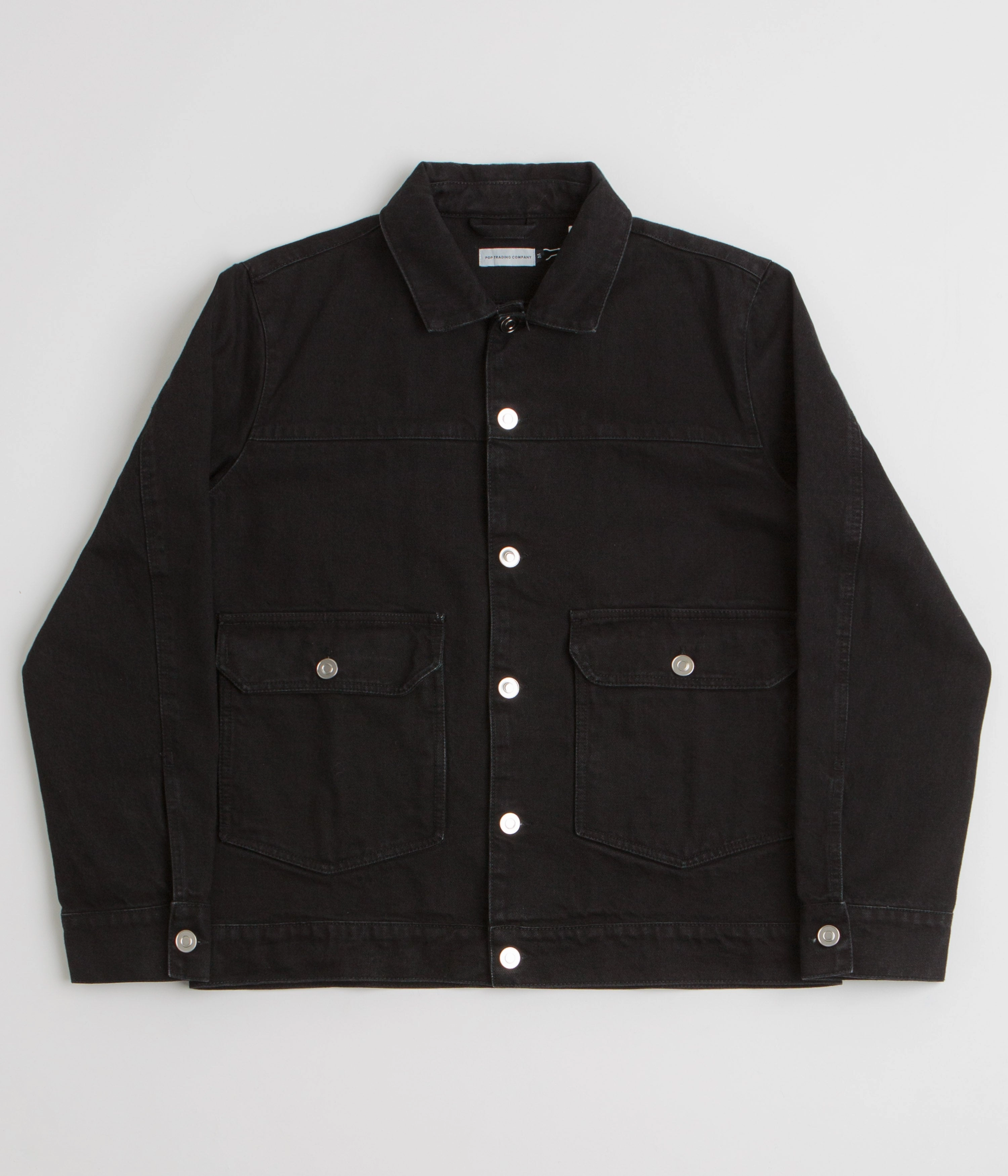 Pop Trading Company Full Button Denim Jacket - Rinsed Black wrinkle free finish Knee Length