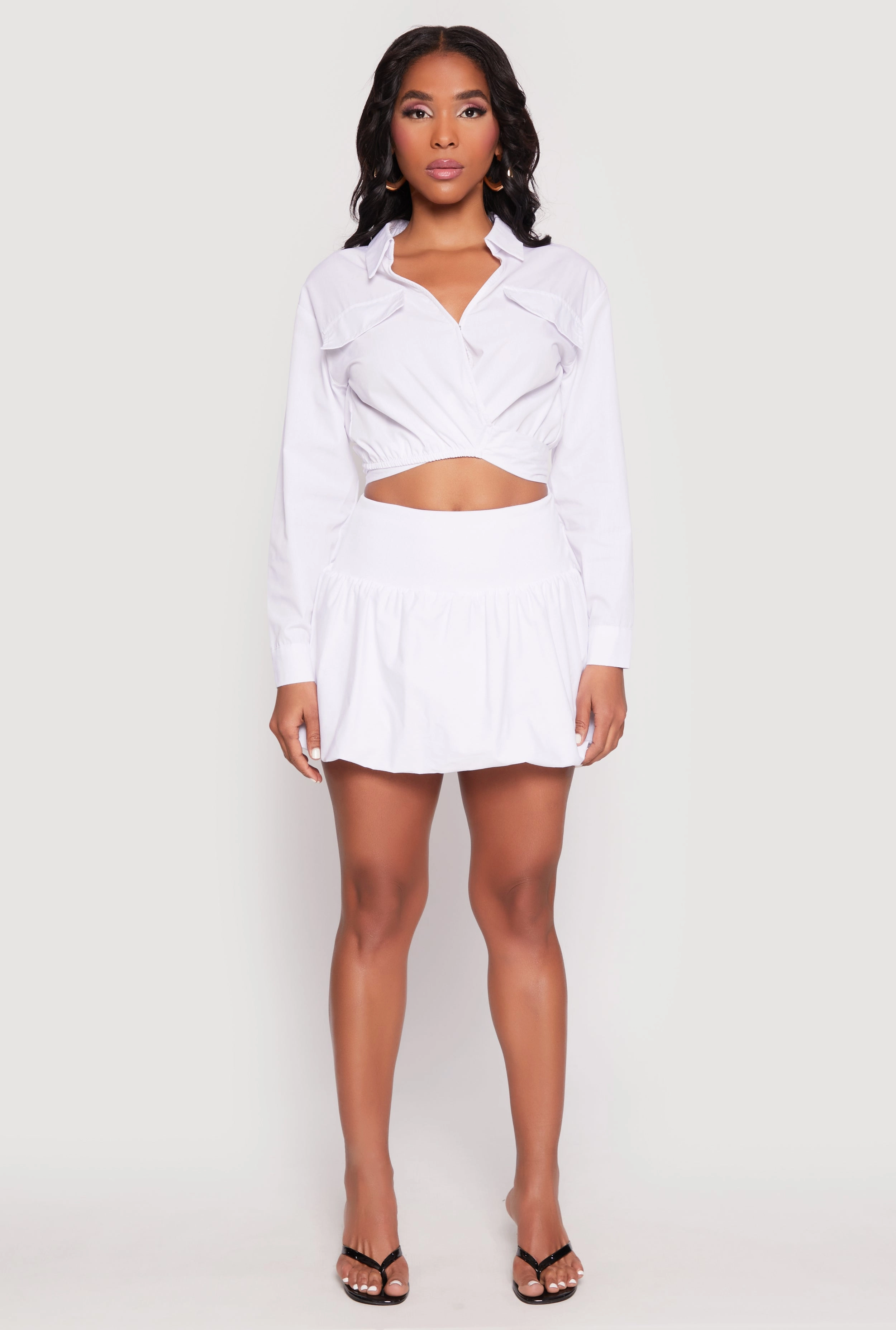 Fish Adult Size Poplin Faux Pocket Tie Front Crop Top