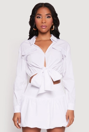 Teens Tweed Poplin Faux Pocket Tie Front Crop Top