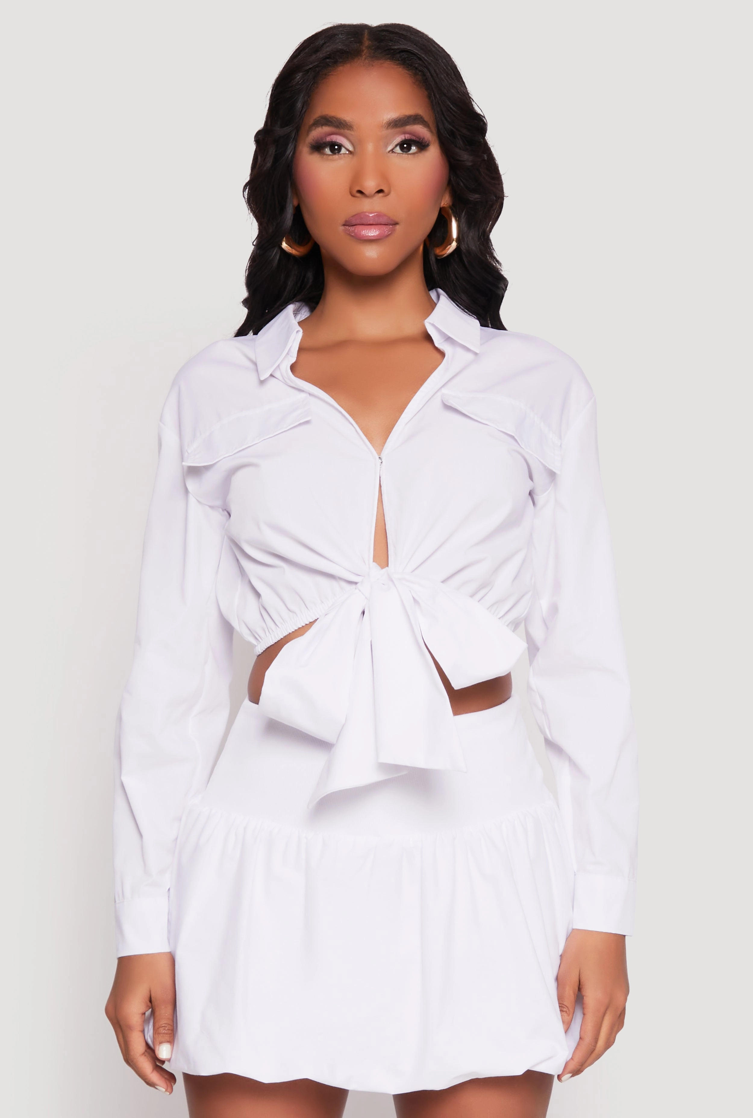 Teens Tweed Poplin Faux Pocket Tie Front Crop Top