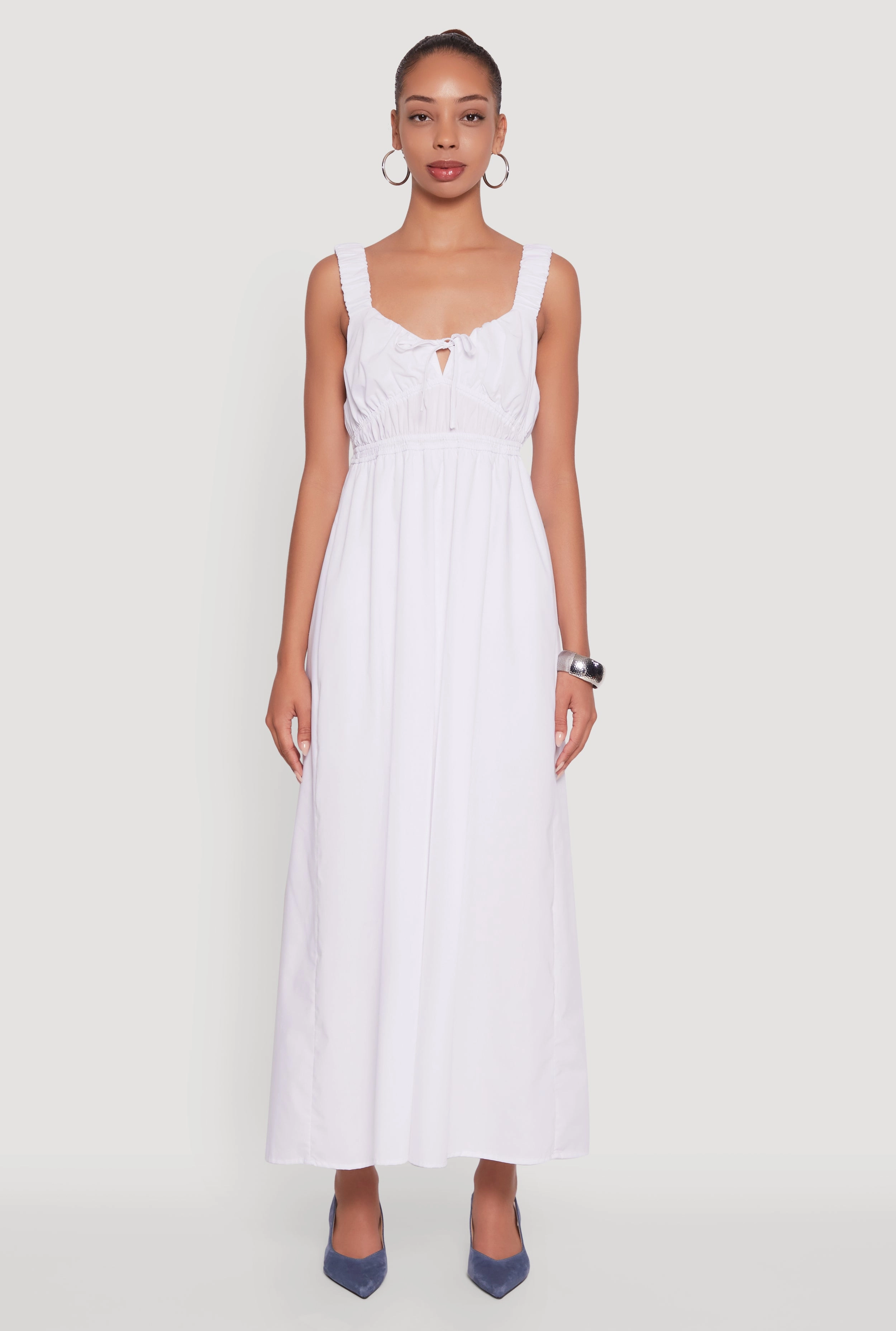 Poplin Sleeveless Scoop Neck Tie Front Maxi Dress Clasp-Closure