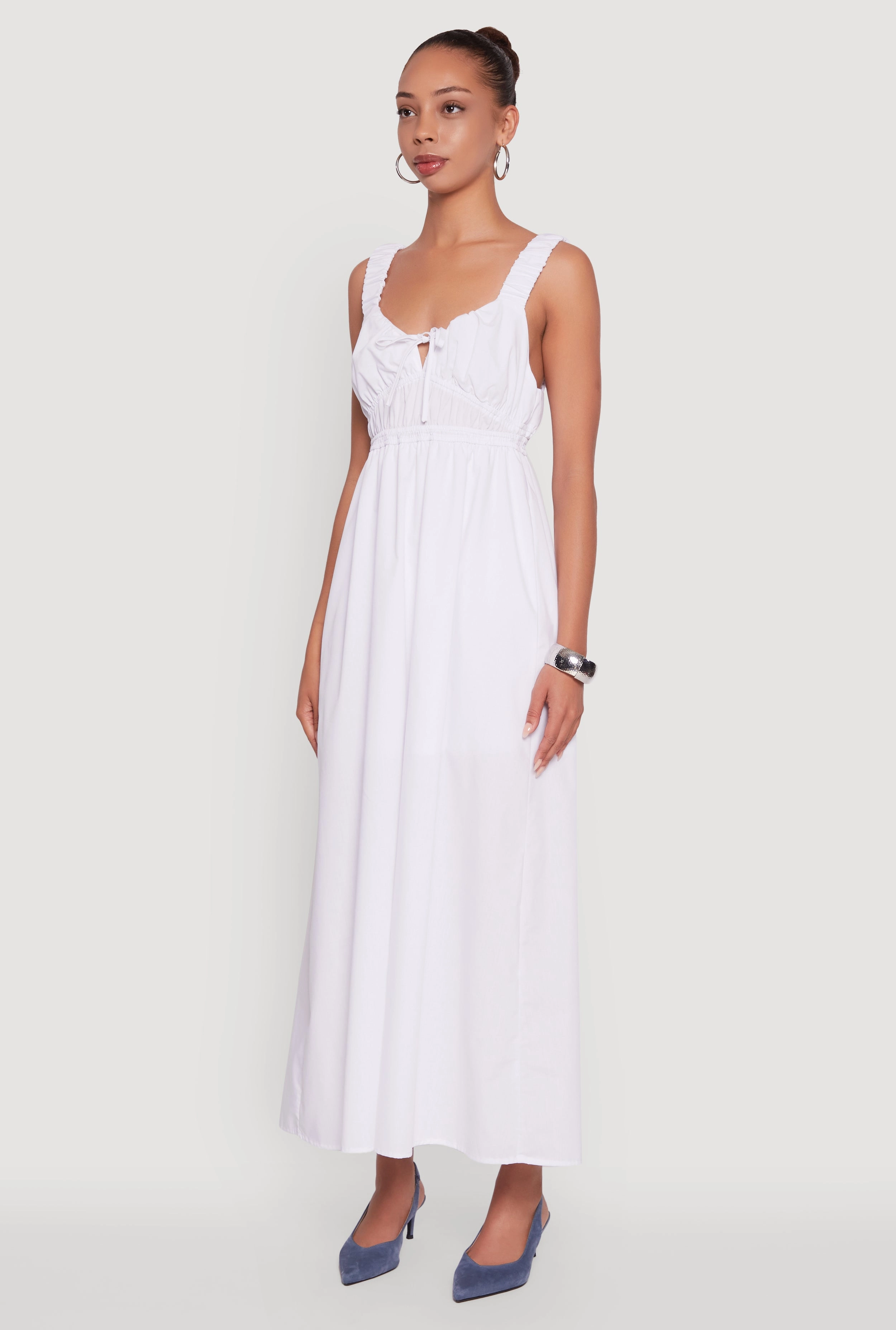 Monochrome Mood Poplin Sleeveless Scoop Neck Tie Front Maxi Dress