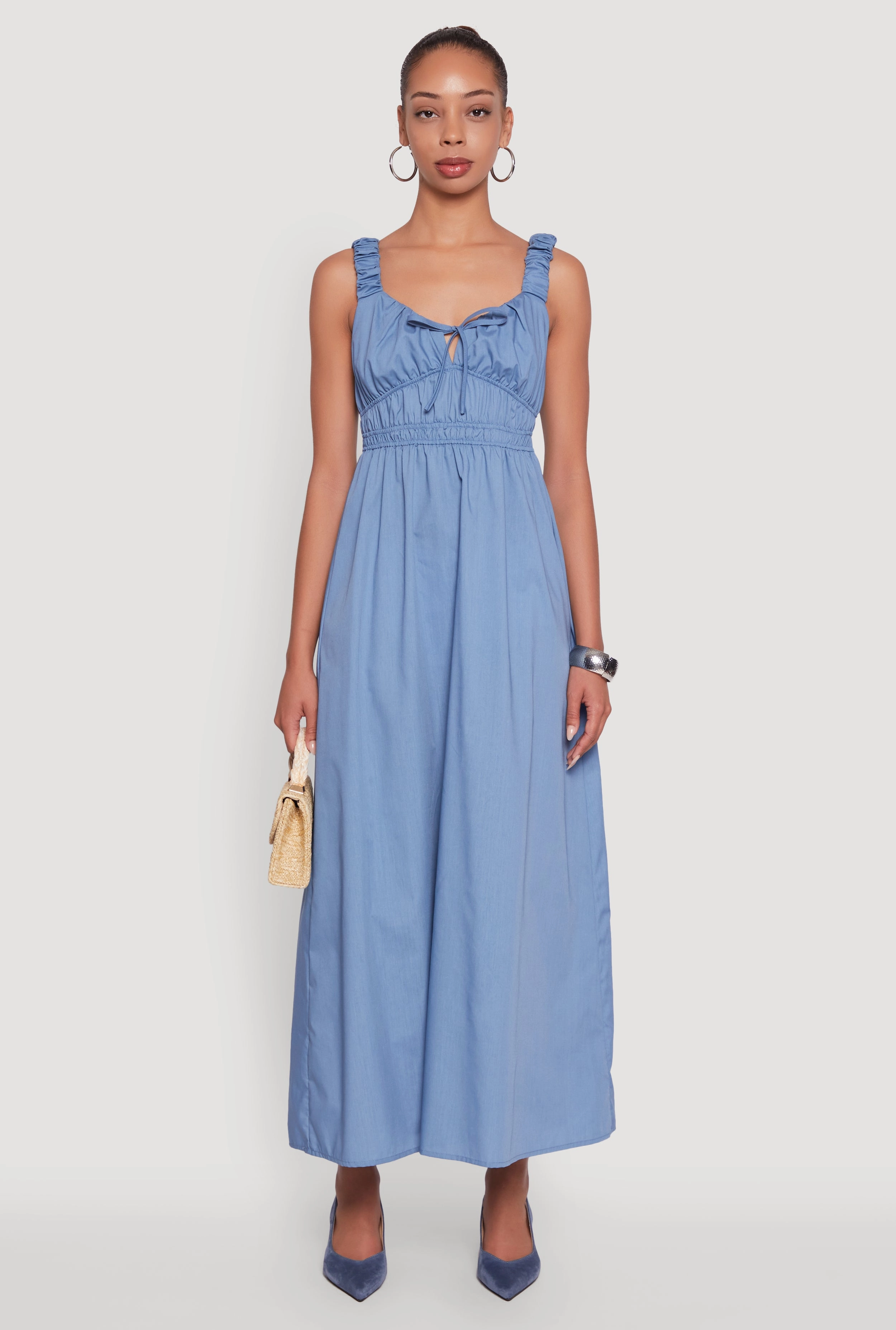 Poplin Sleeveless Scoop Neck Tie Front Maxi Dress Soft cotton blend dress Classic Layers