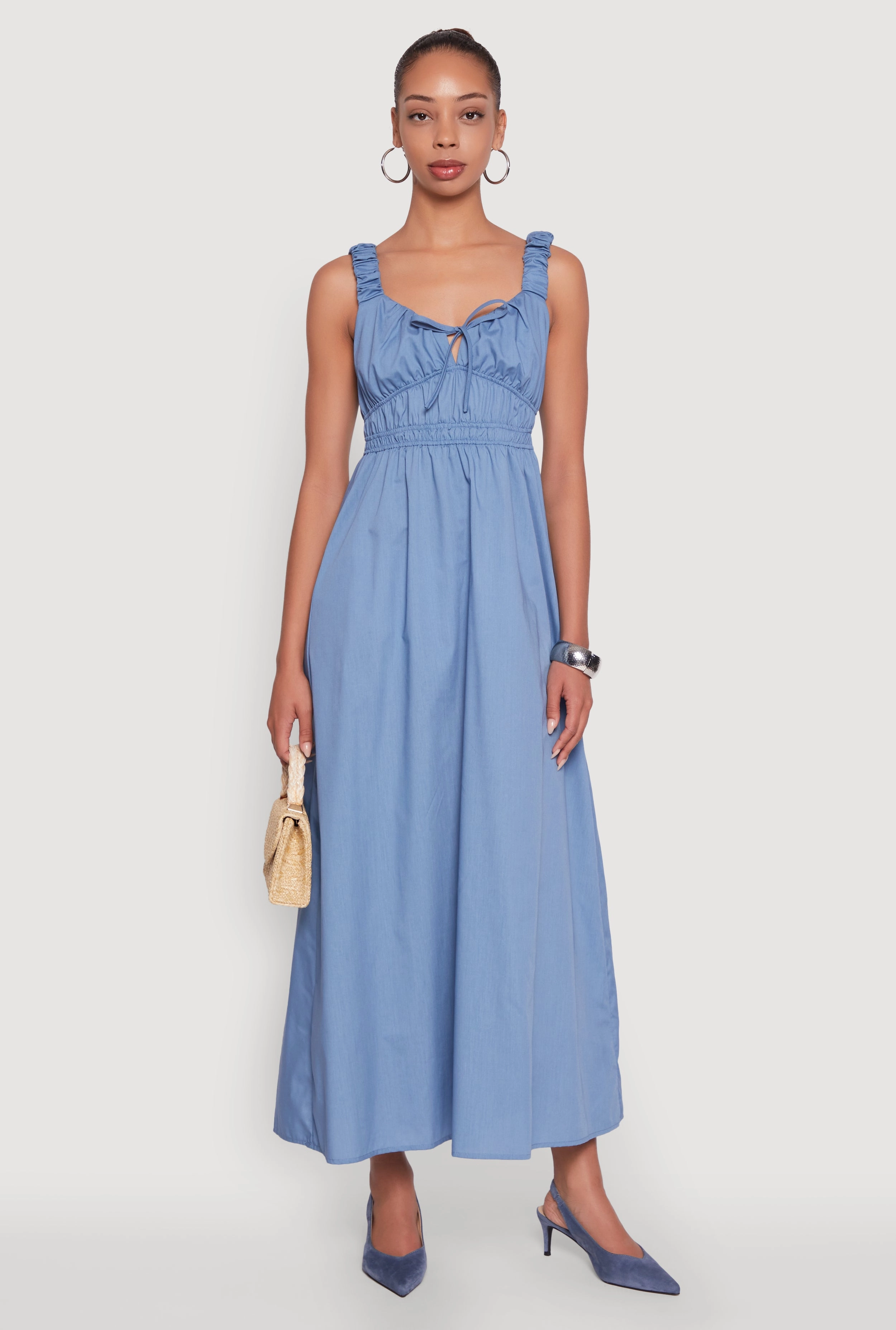 Urban Wear Poplin Sleeveless Scoop Neck Tie Front Maxi Dress
