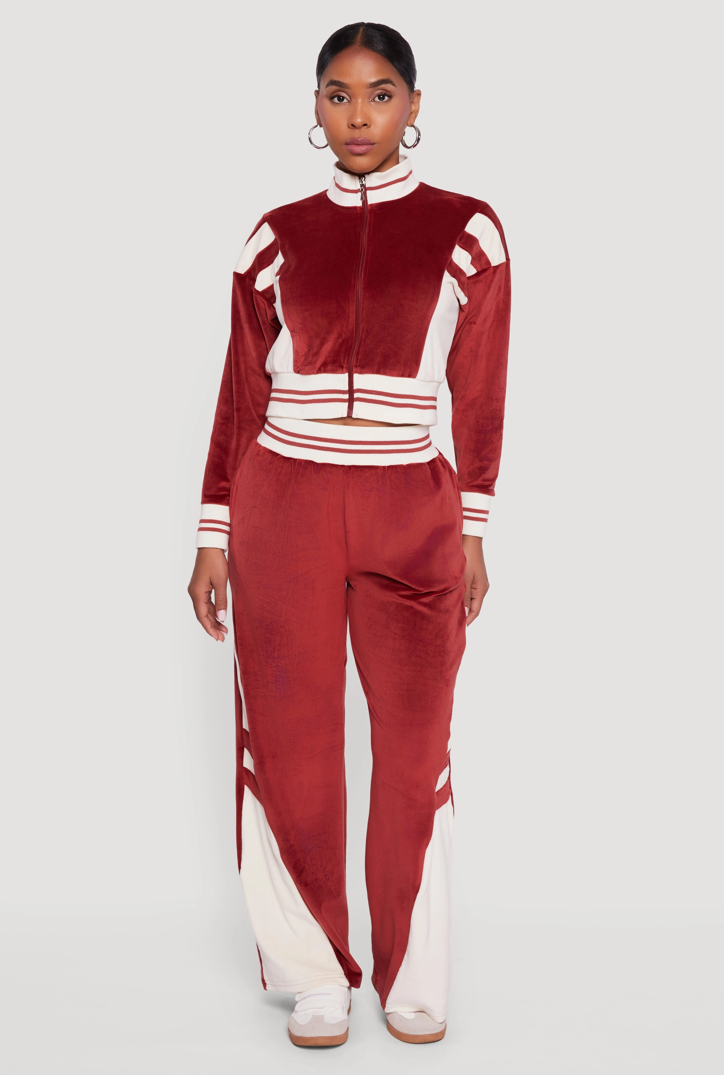Velour Mock Neck Zip Front Top with Stripes Autumn Wear