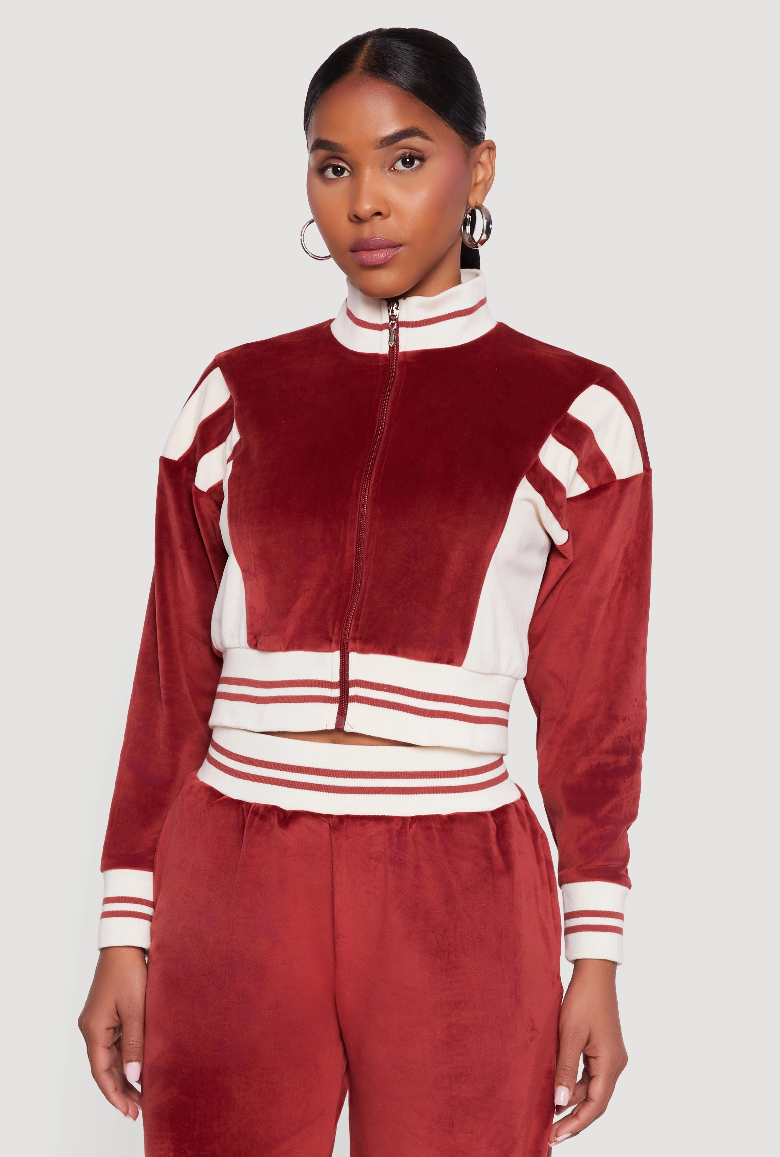 Living room Easy Care Velour Mock Neck Zip Front Top with Stripes