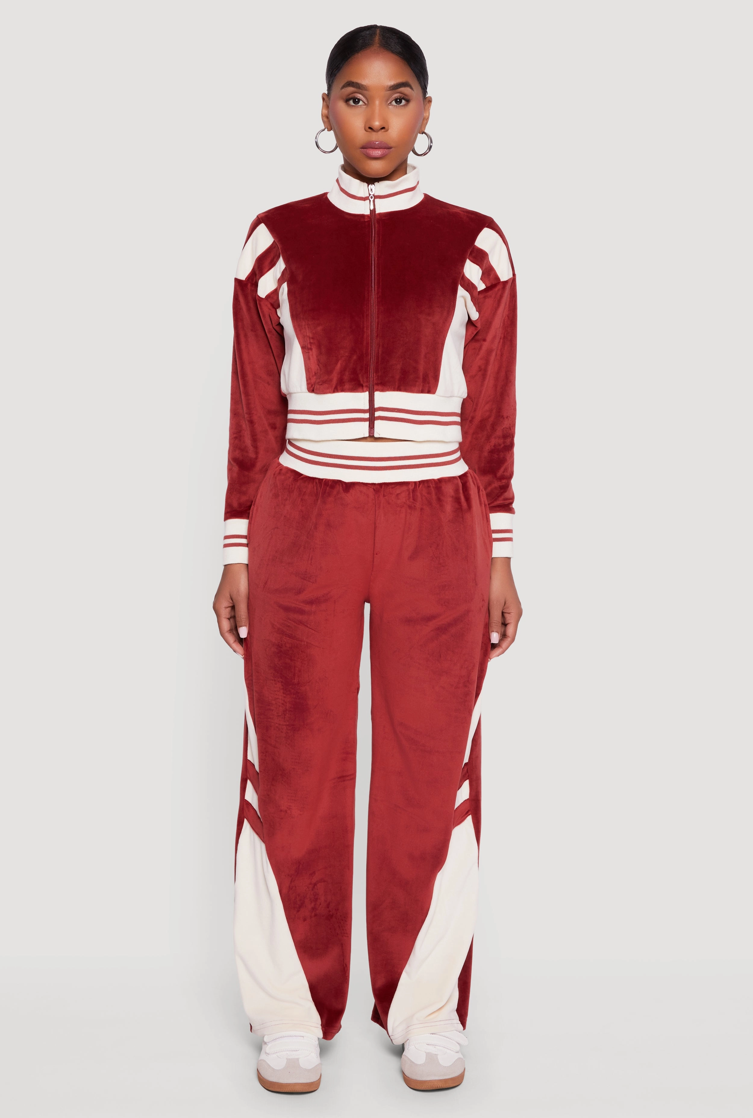 Travel purpose Velour Mock Neck Zip Front Top with Stripes