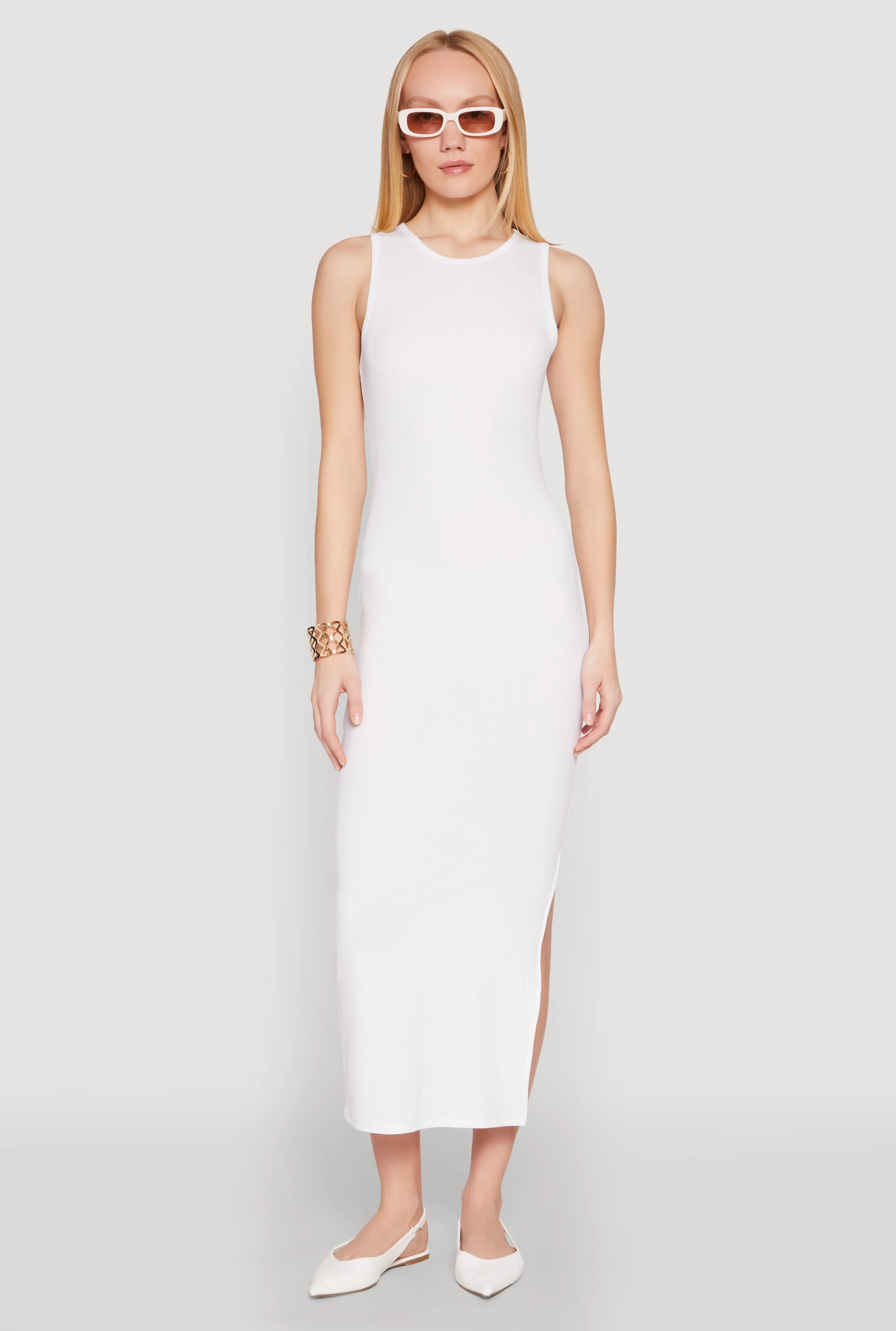 Fit Focused Bold colors Ribbed Knit Side Slit Tank Maxi Dress