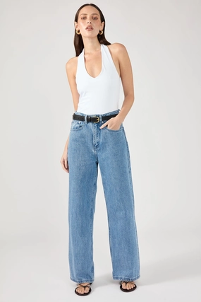 Perfect Stranger Mid Rise 90's Slouch Jean Mid Blue Denim Easy Outfit