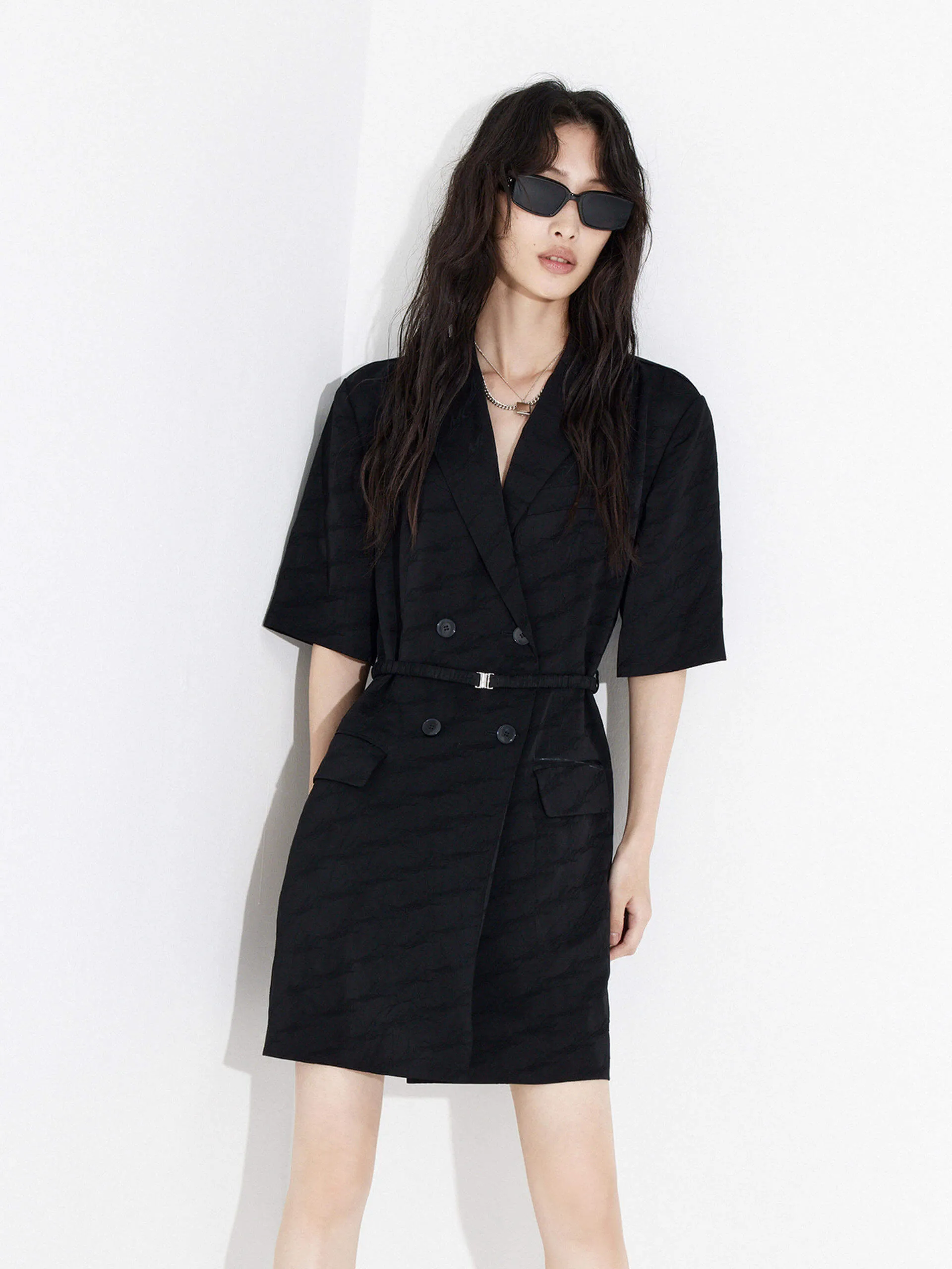 Double Breasted Blazer Dress with Belt High-Low-Hem Fashionable Touch