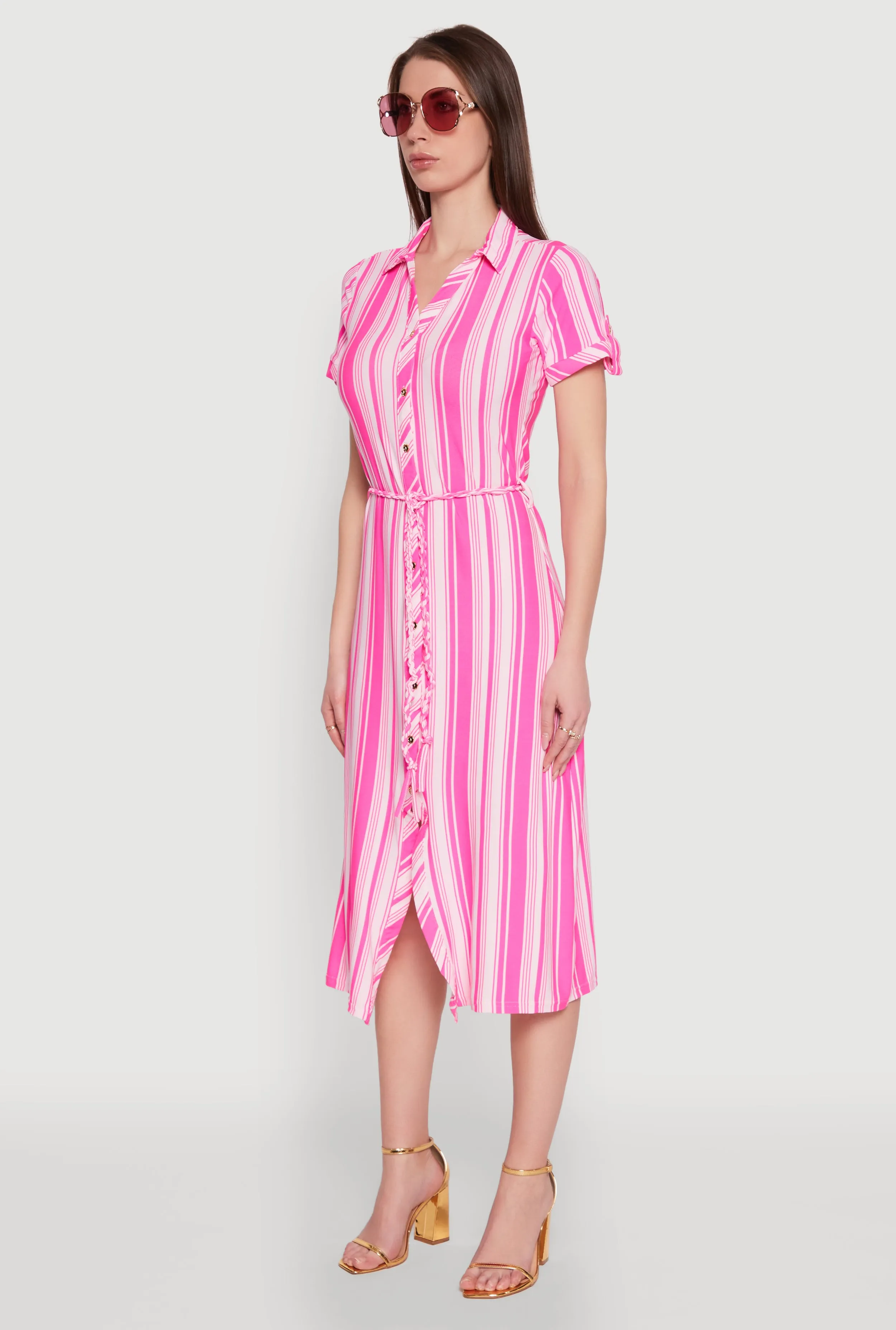 Striped Tie Waist Belted Shirt Dress Feminine Line Urban Motion