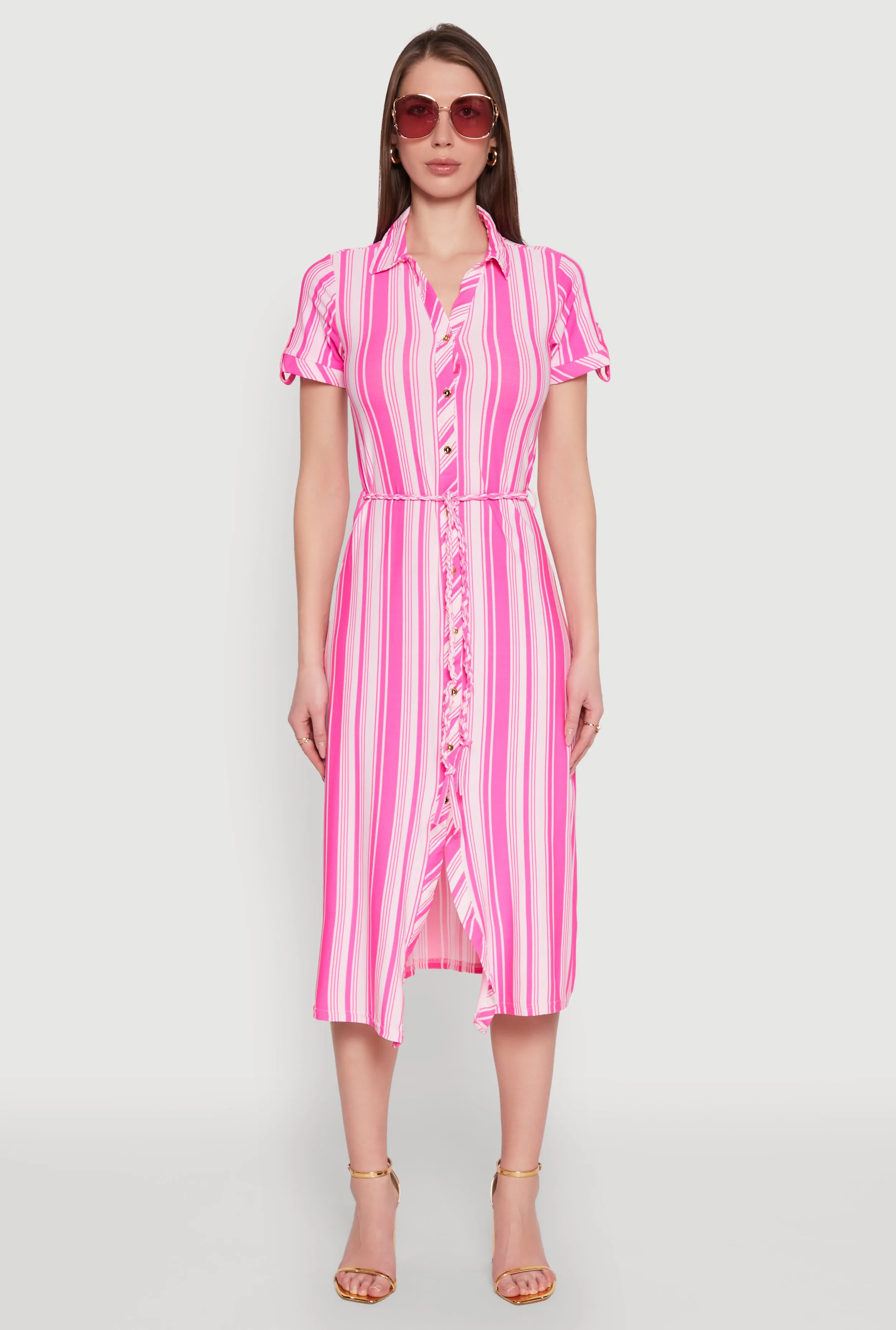 Striped Tie Waist Belted Shirt Dress Modern Texture Light Attitude