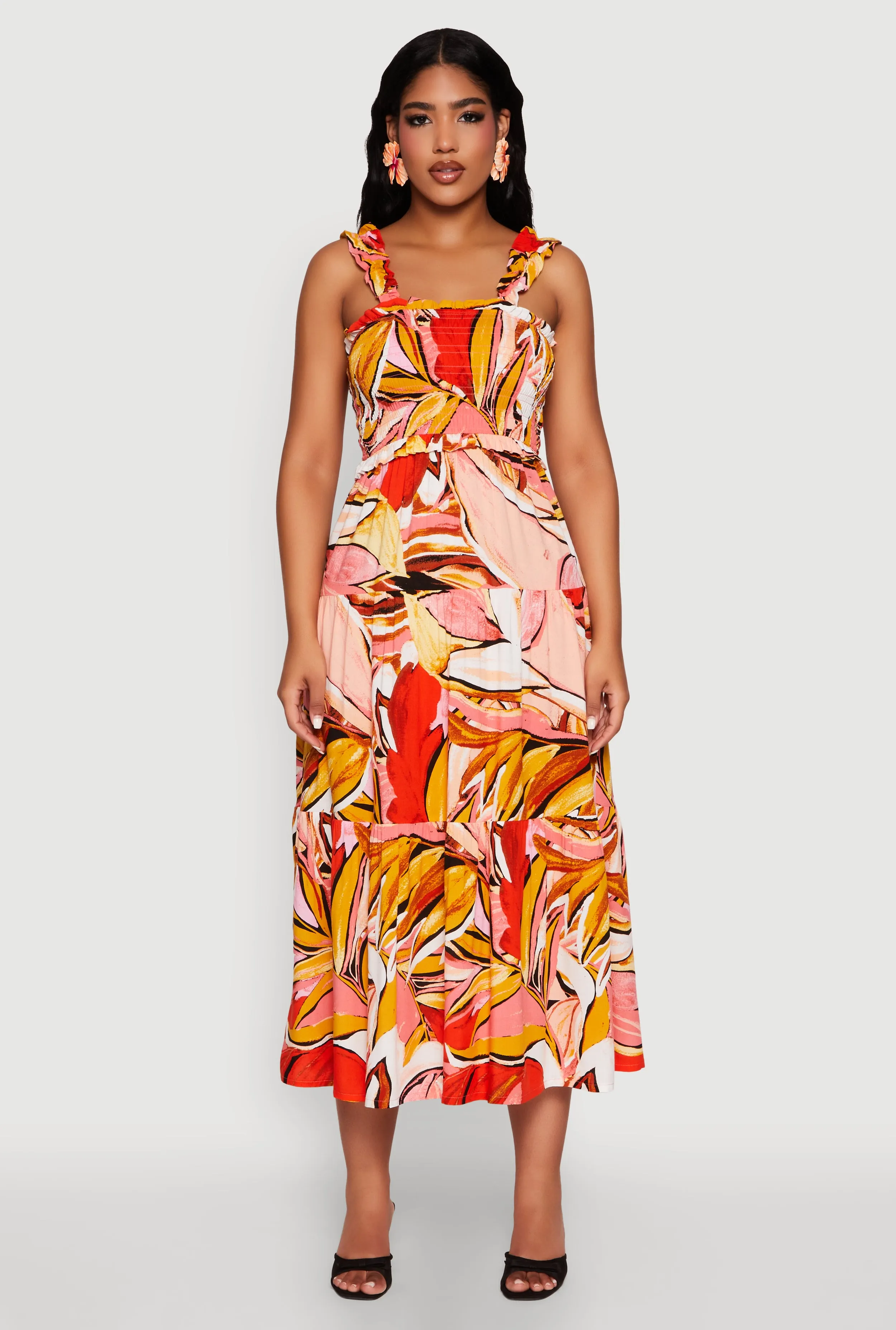 Printed Pattern Smocked Tiered Dress Jewel-Tone Lightweight