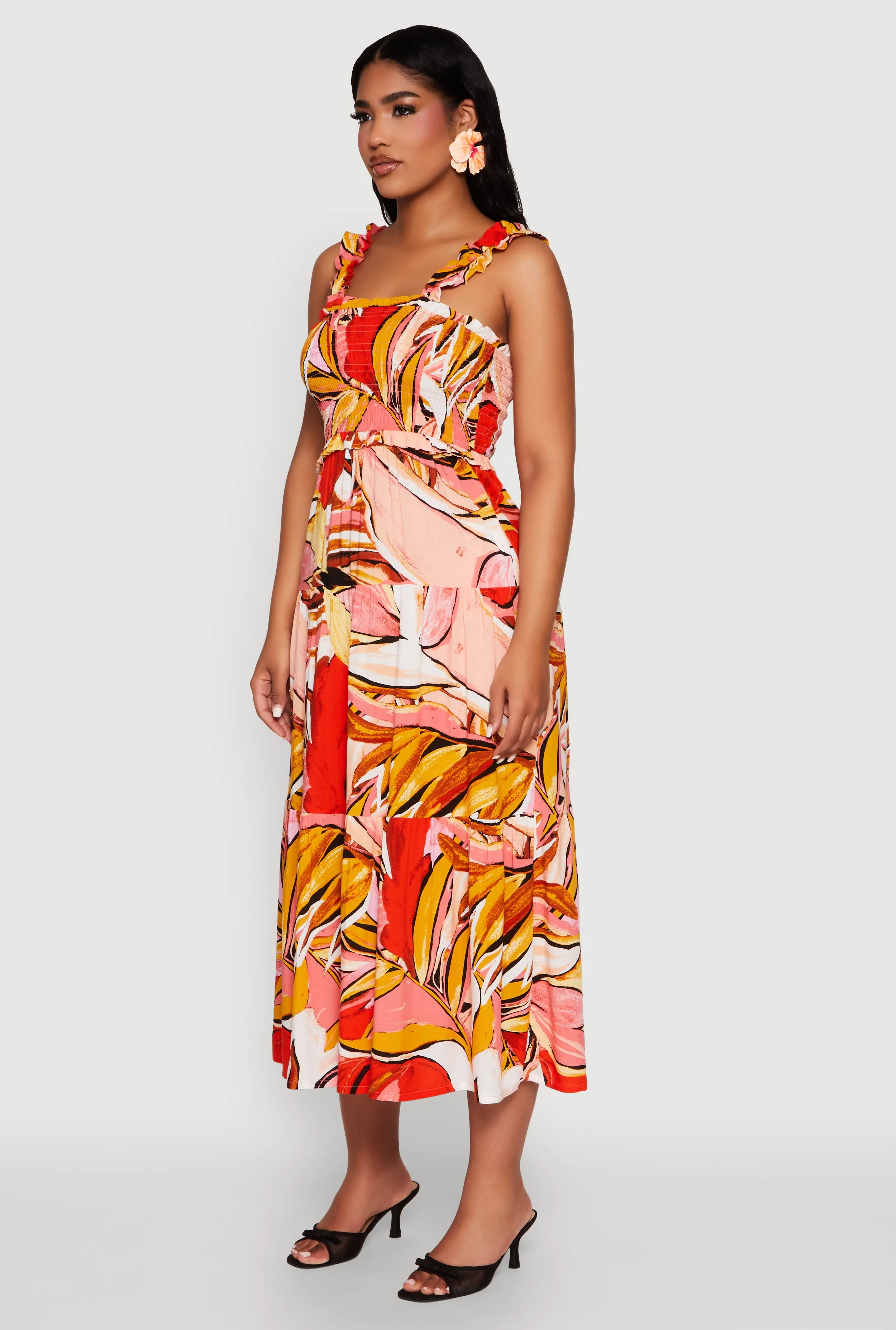 Printed Pattern Smocked Tiered Dress Comfortable Shape Floral design