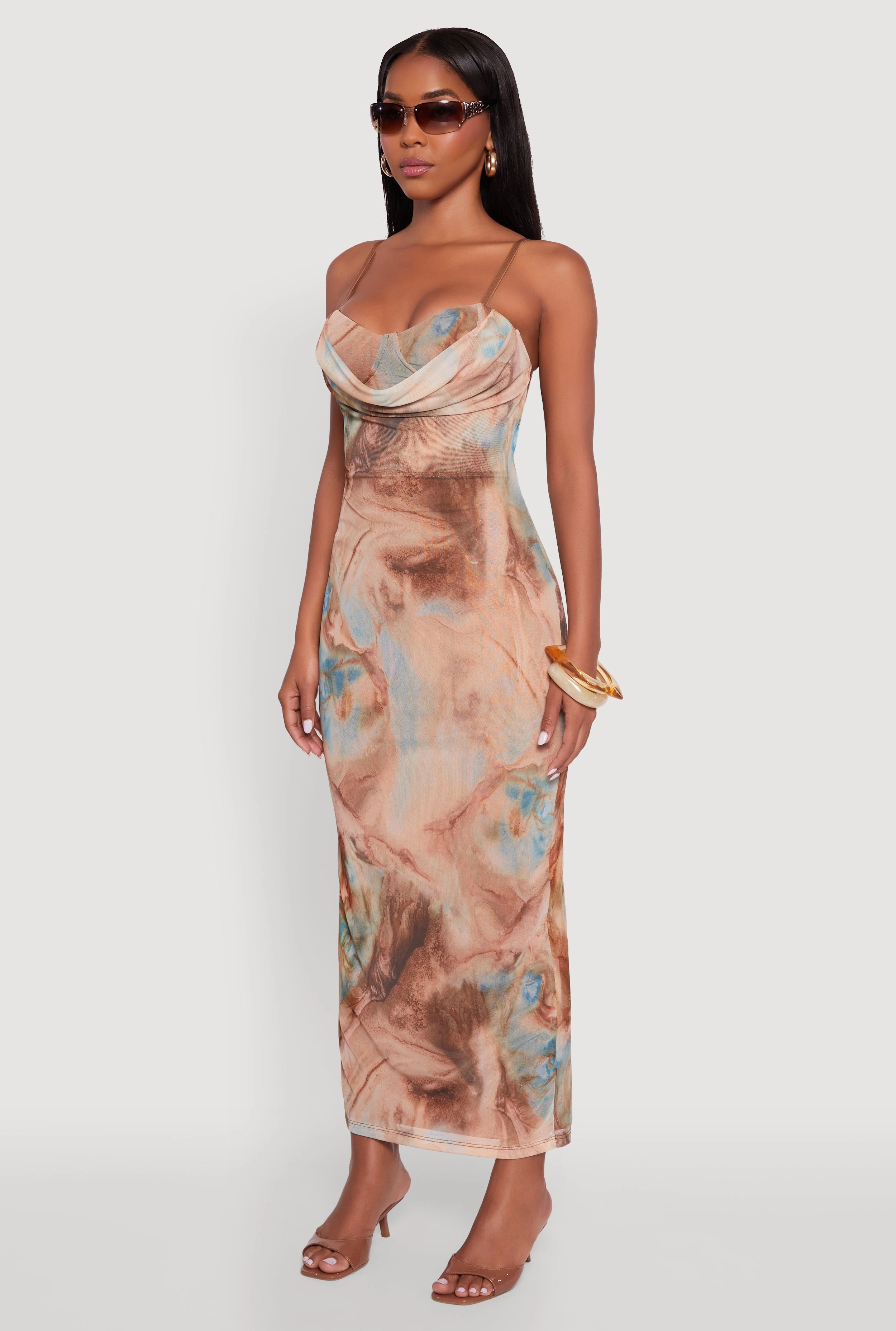 Classic structured dress Side Tie Printed Pattern Open Back Cowl Neck Mesh Maxi Dress