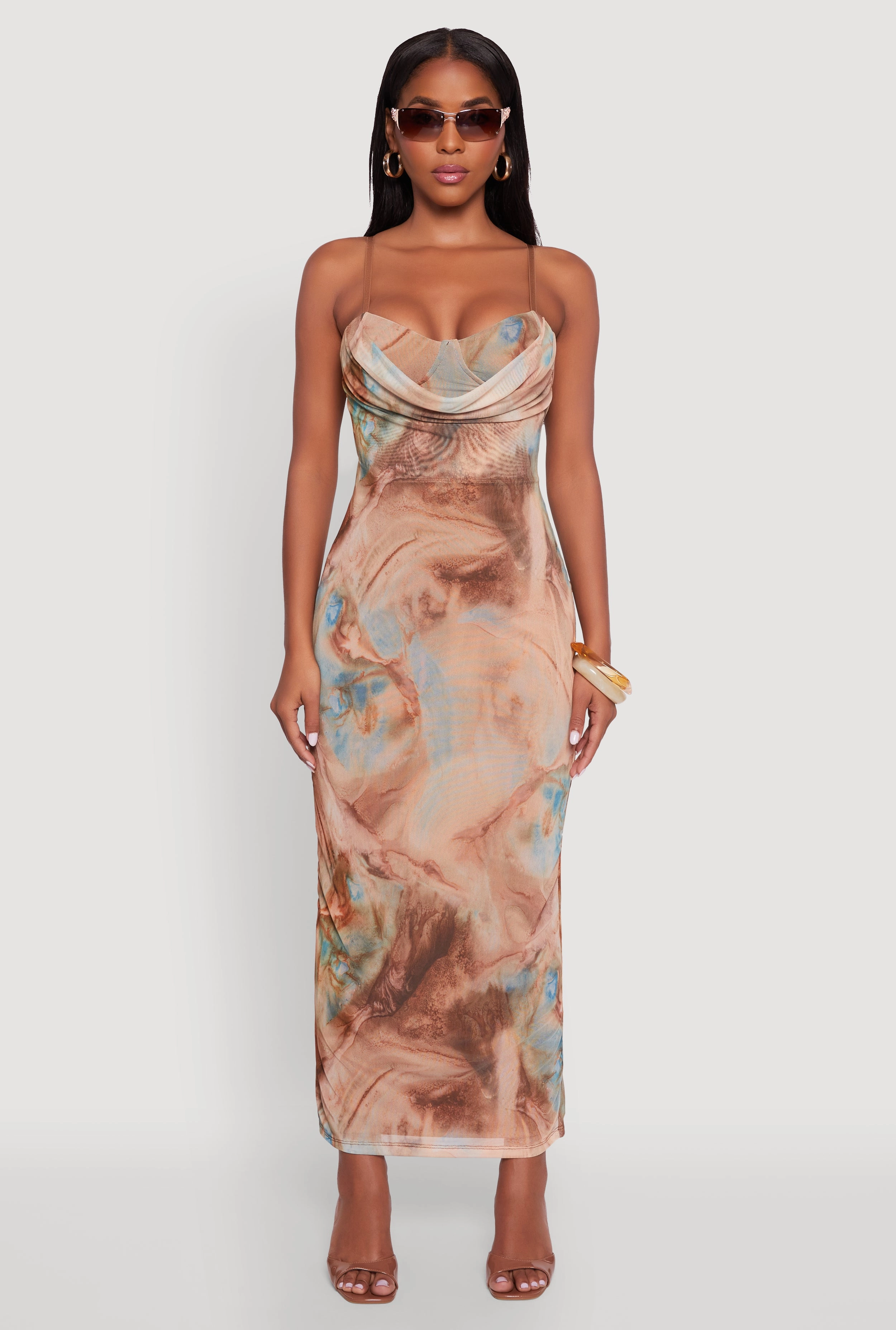 Printed Pattern Open Back Cowl Neck Mesh Maxi Dress Relaxed Layers