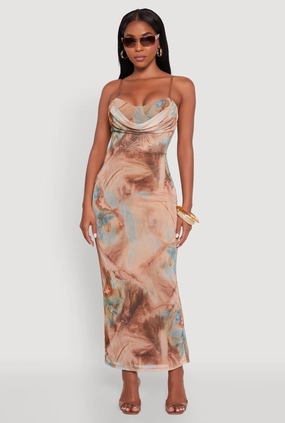 Printed Pattern Open Back Cowl Neck Mesh Maxi Dress Lux Look