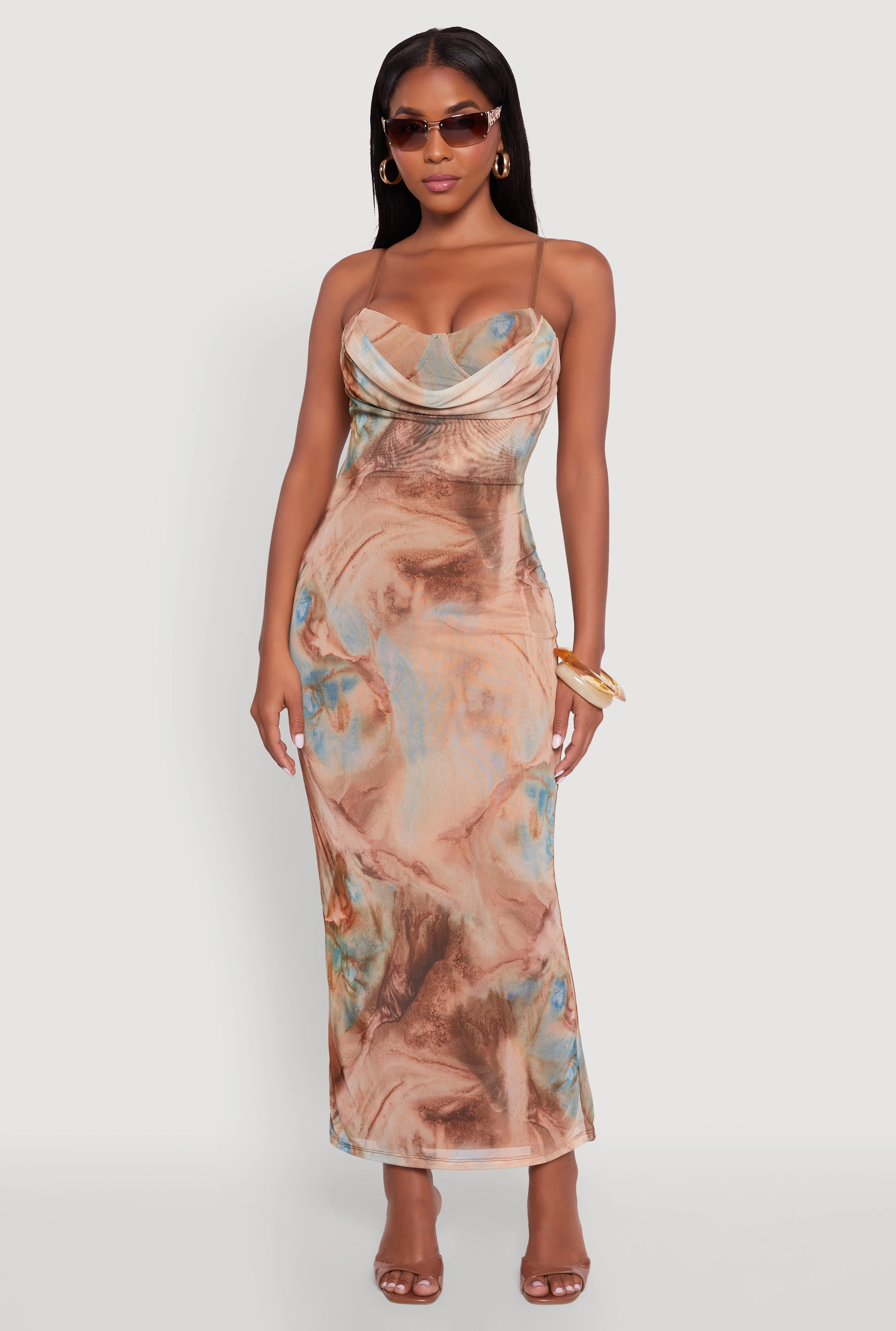 Printed Pattern Open Back Cowl Neck Mesh Maxi Dress Lux Look