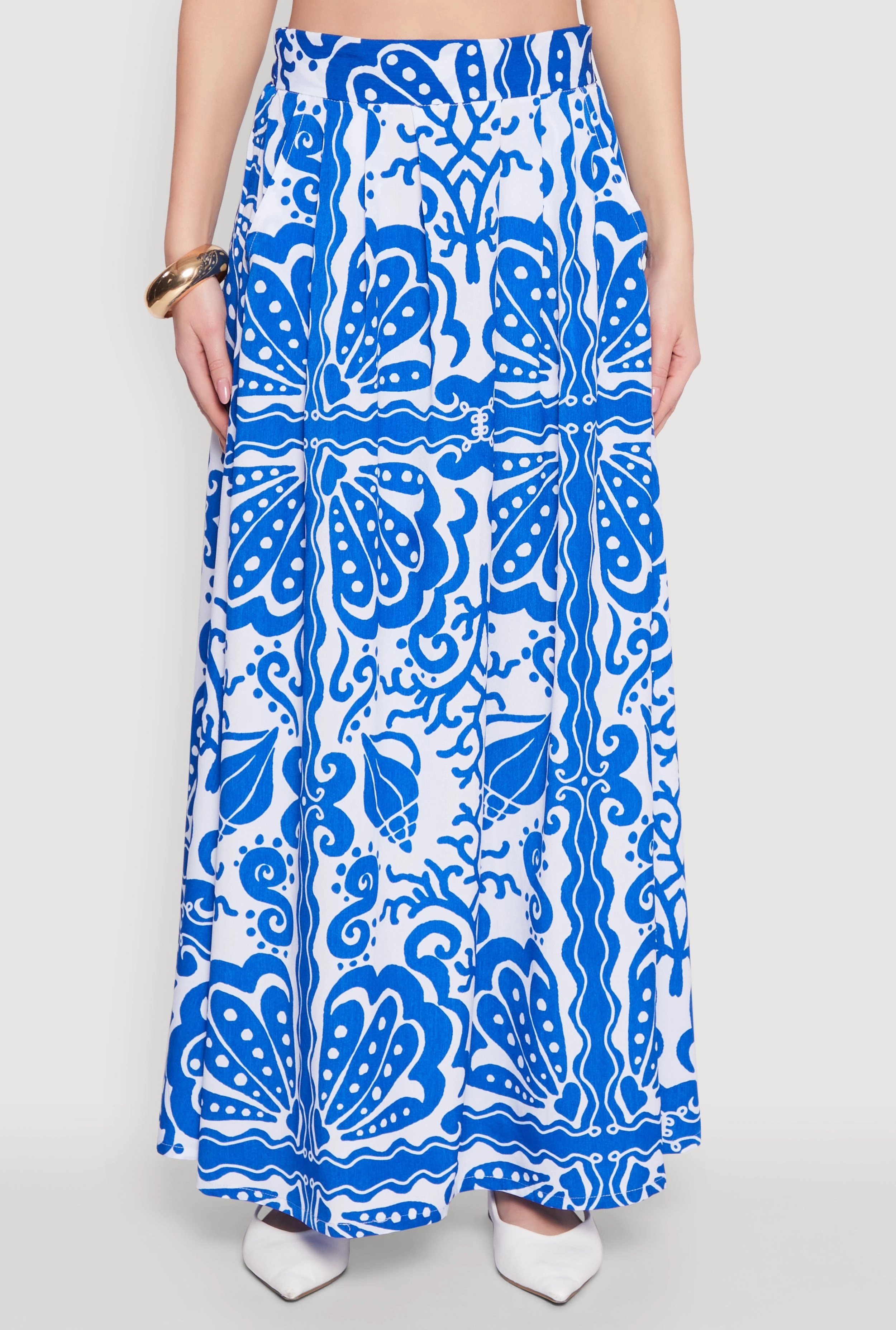 Printed Pattern Pleated Maxi Skirt Waist Defining