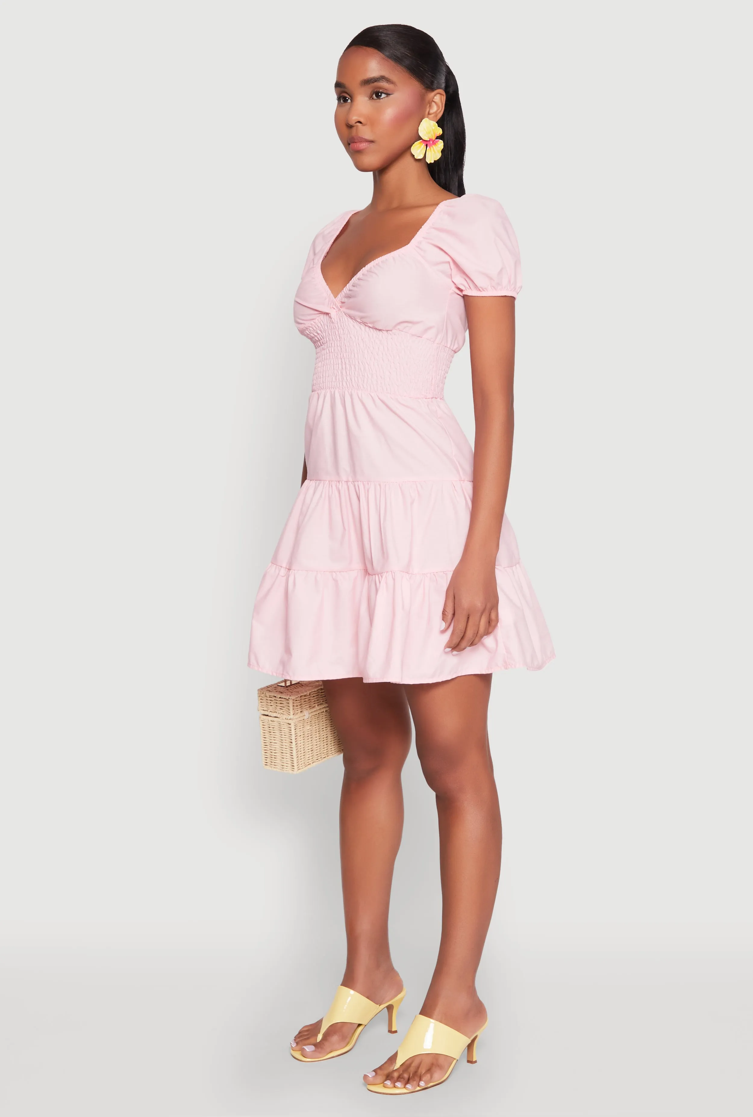 flattering appearance Puff Sleeve Sweetheart Tiered Mini Dress