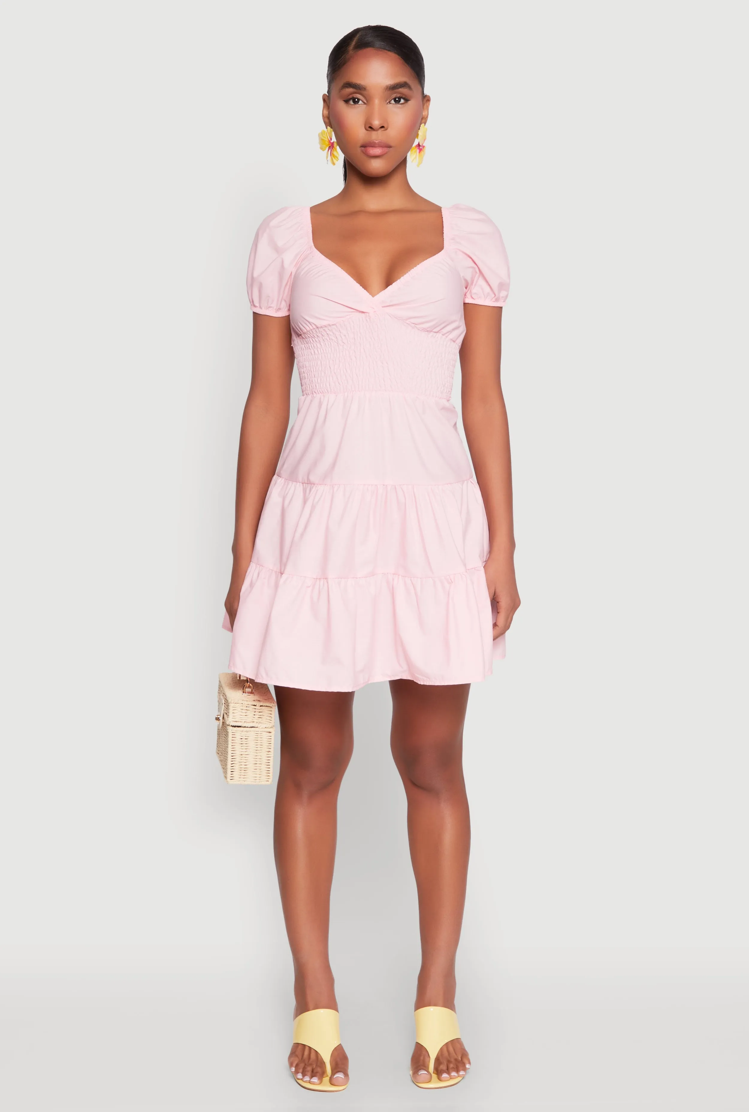 Versatile dress for layering Light Soft Puff Sleeve Sweetheart Tiered Mini Dress