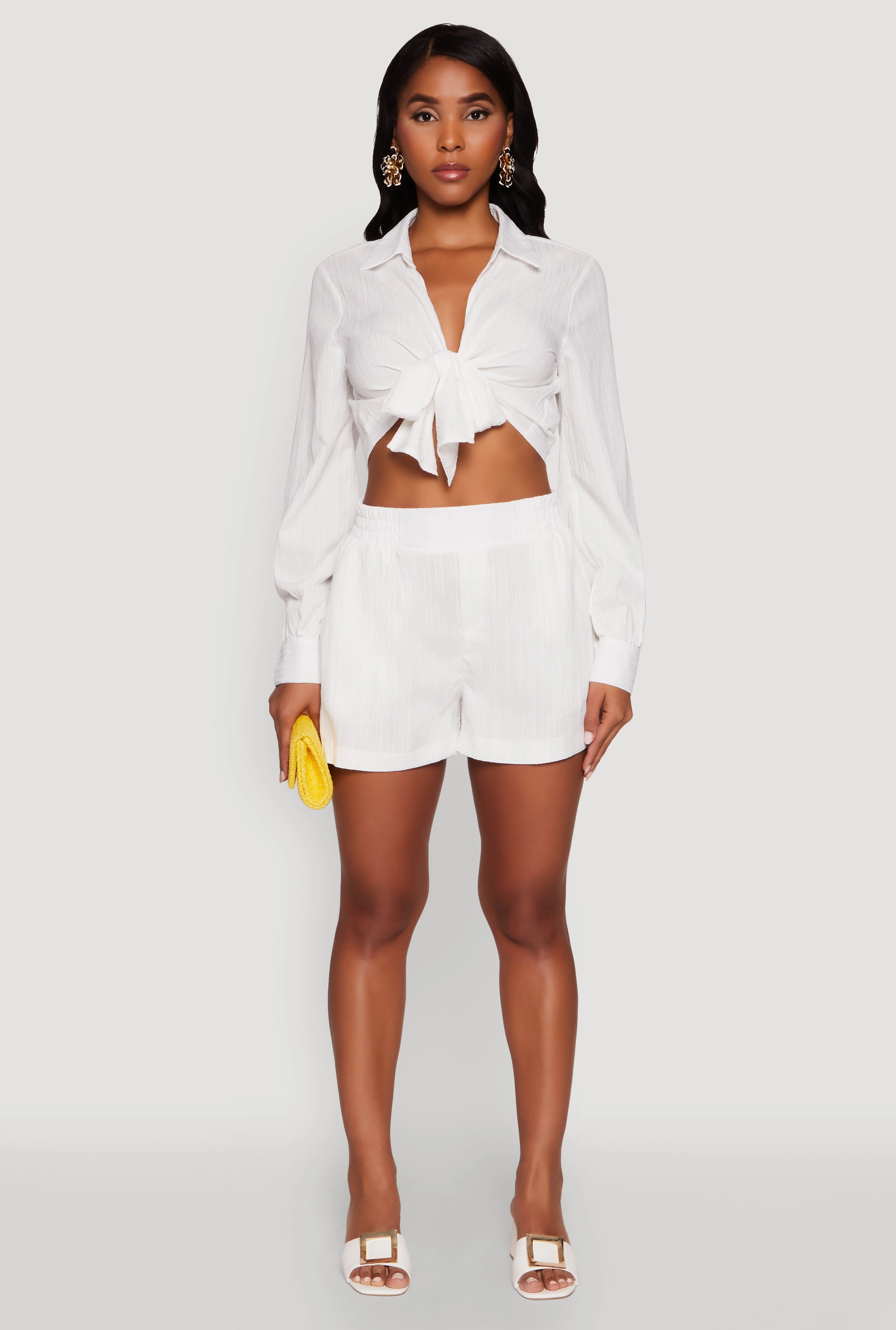 Chic Textured Knit Bubble Sleeve Tie Front Crop Top Glasses