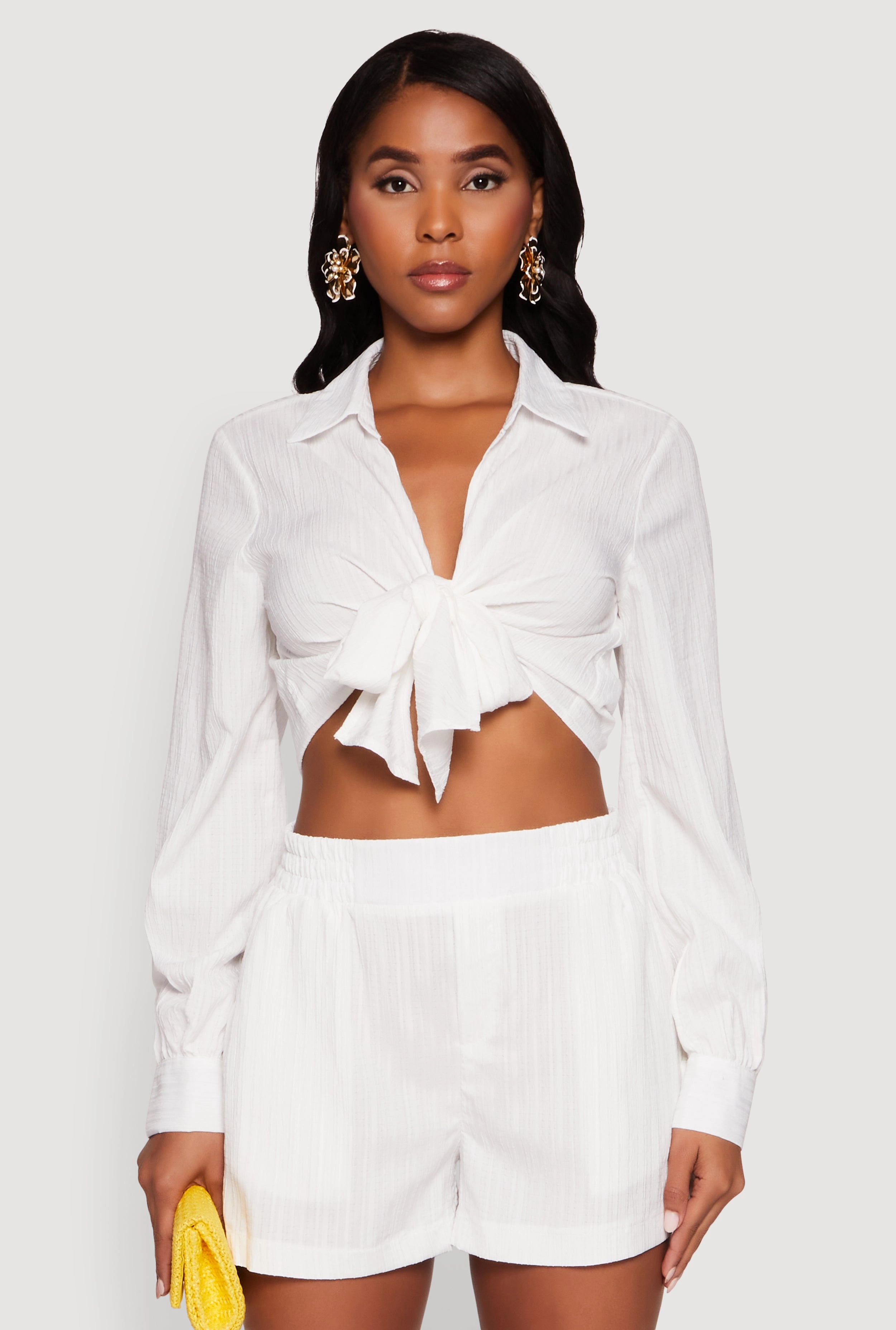 Multicolored Chic Textured Knit Bubble Sleeve Tie Front Crop Top