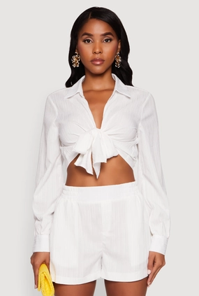Multicolored Chic Textured Knit Bubble Sleeve Tie Front Crop Top