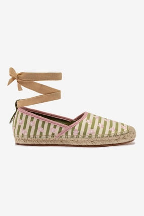 Letizia Espadrille Flat In Seaweed and Natural Striped Fabric and Daisy Embroidery Side Walk Event Night