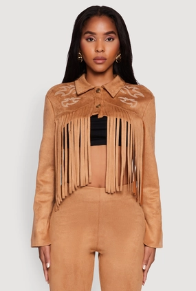 Trail To Town Low Profile Insulation Trendy Faux Suede Fringe Cropped Jacket