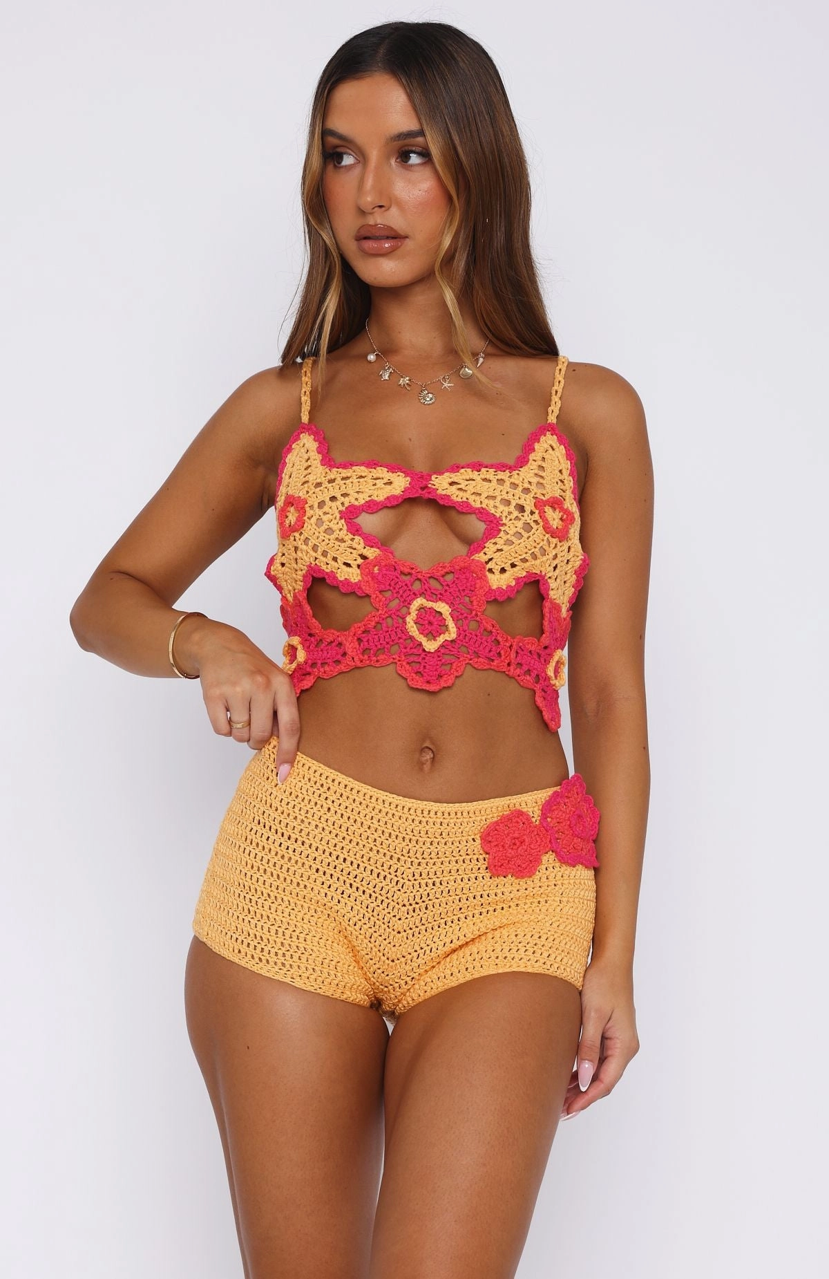 Bright Hues So Fresh Crochet Shorts Pastel Orange/Pink