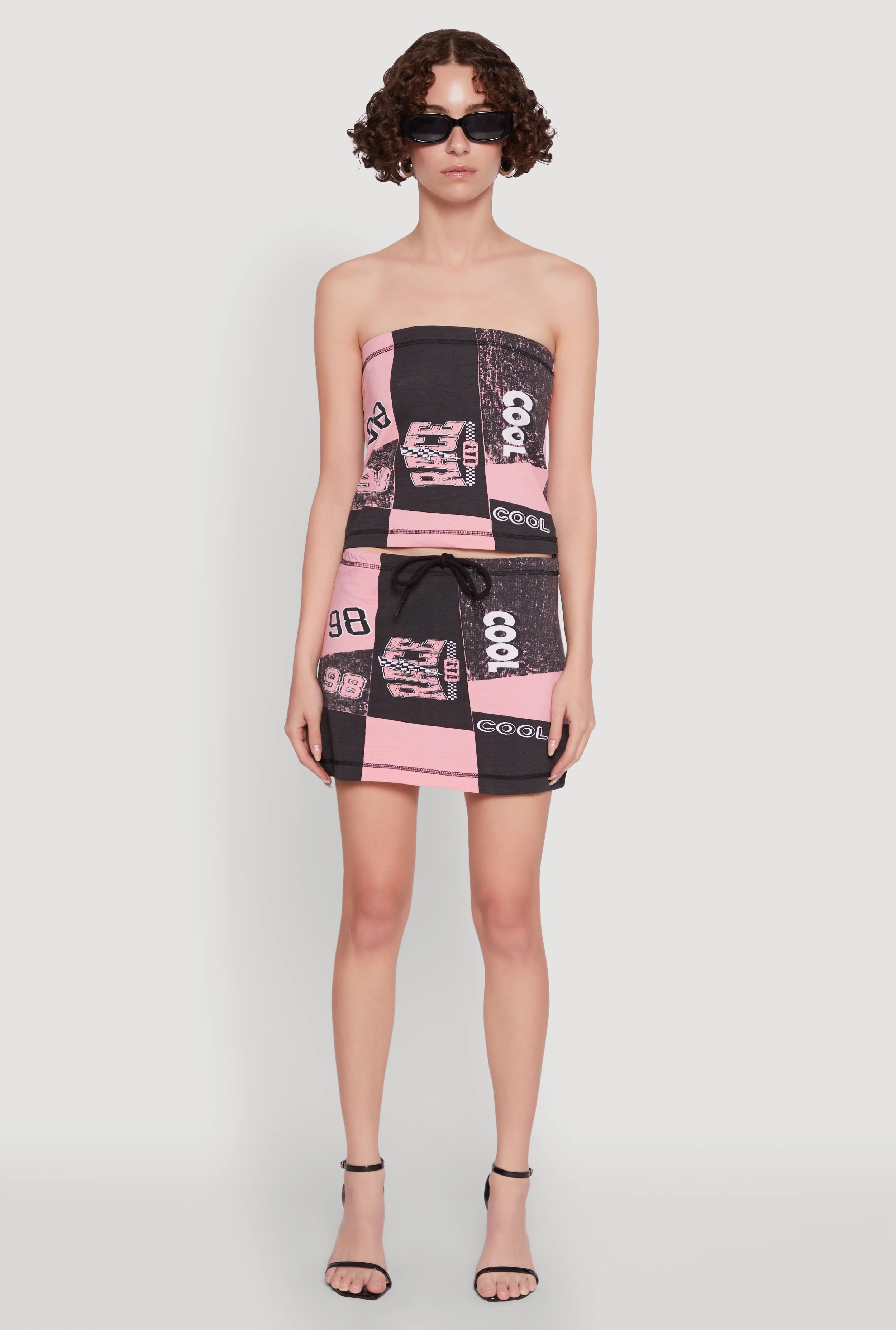 Two Tone Trim Race Day Patchwork Print Mini Skirt with Drawstring Waist