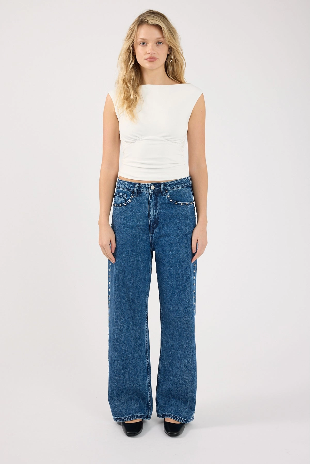 All Fit Style Perfect Stranger Mid Rise Studded Jean Mid Blue Denim