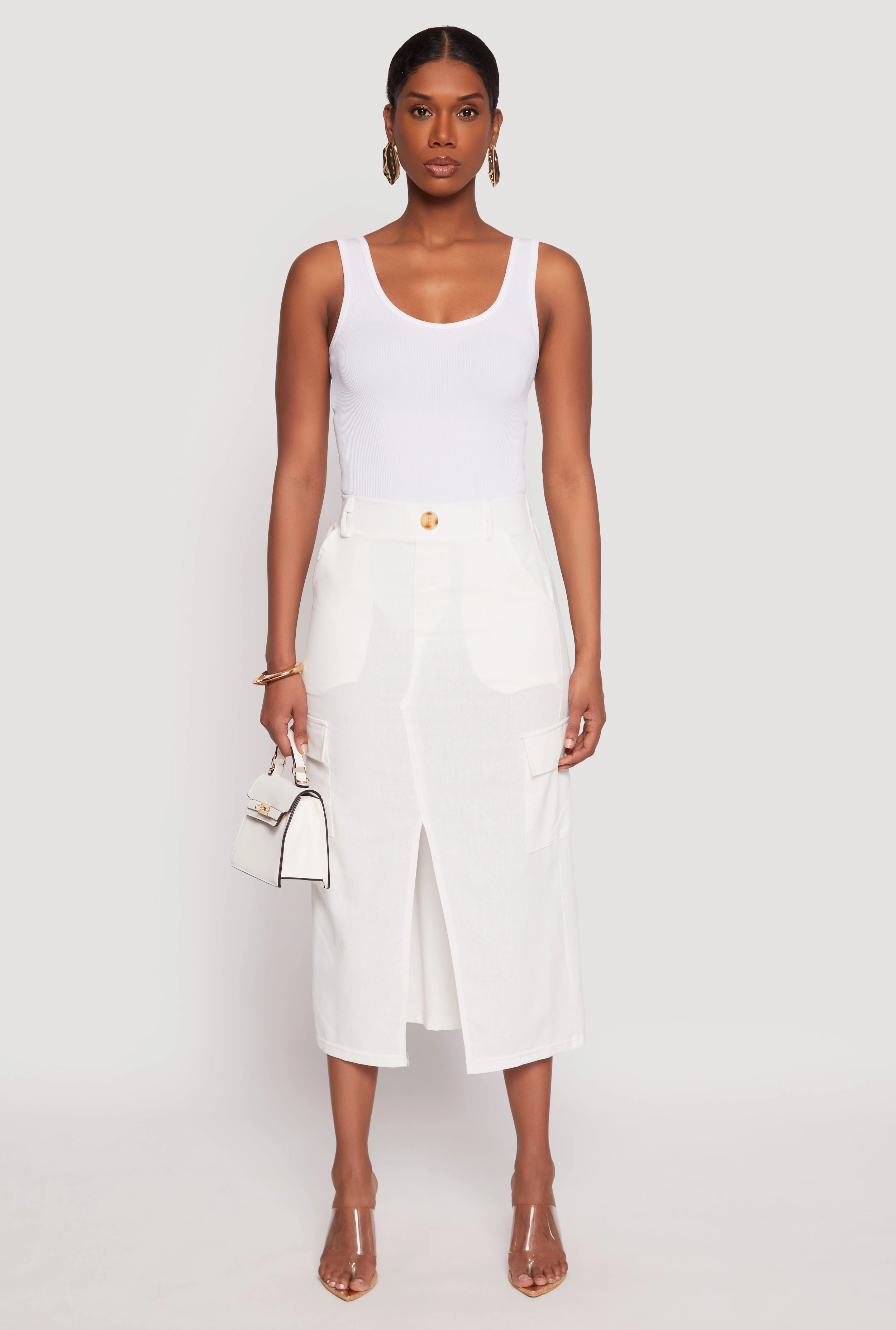 Mall Brand Look Easy Style Linen Cargo Midi Skirt