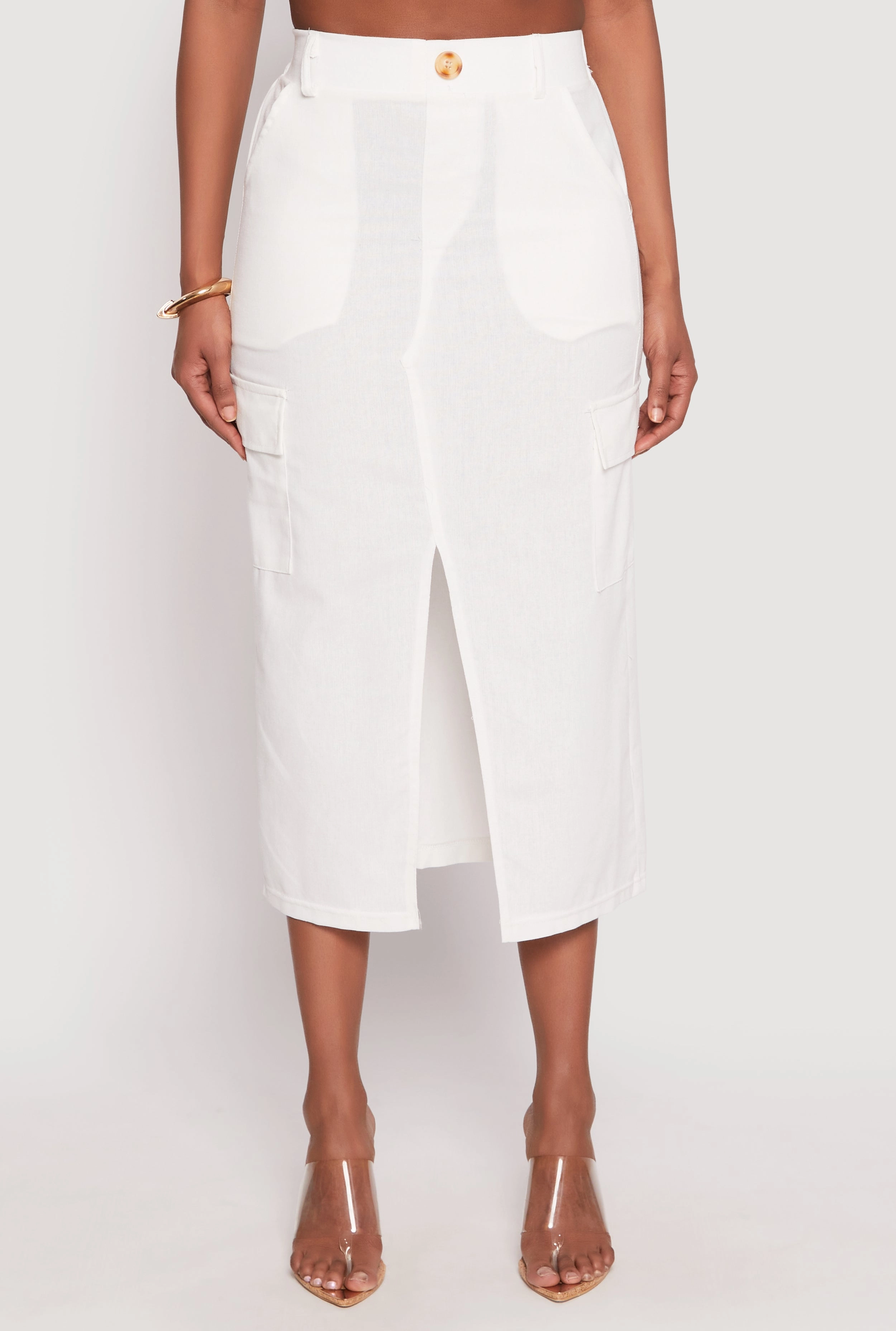Office Appropriate Linen Cargo Midi Skirt