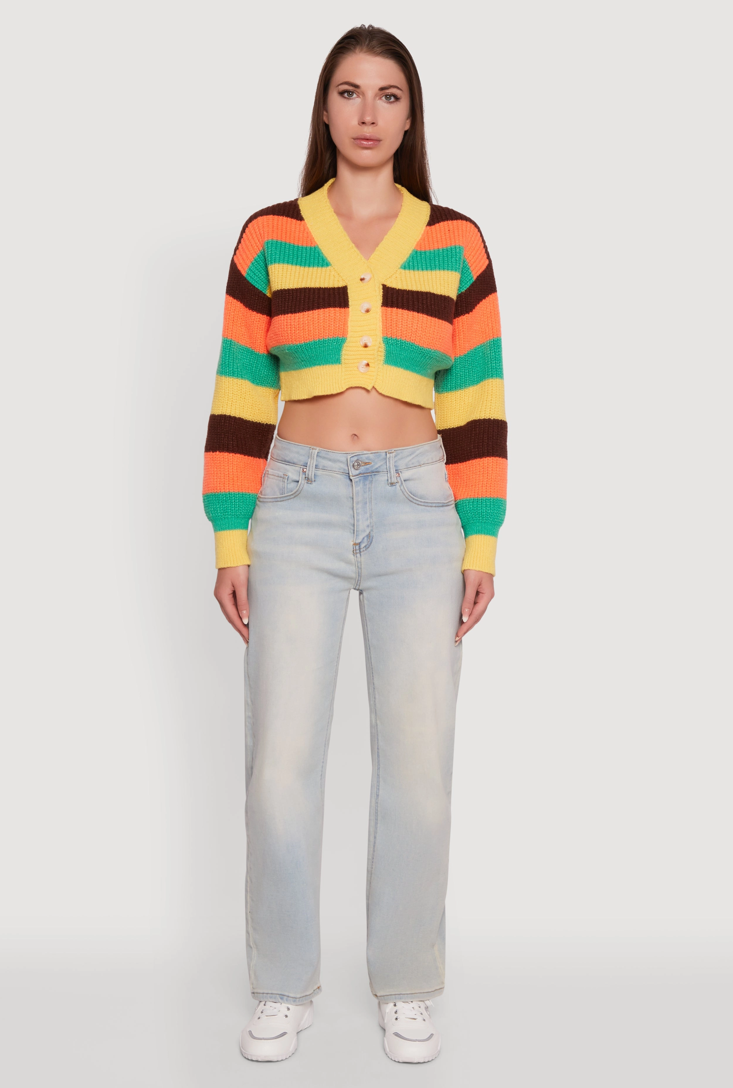 Daisy Striped V-Neck Button Front Cropped Cardigan Thermal Insulation Design Hypoallergenic Lining