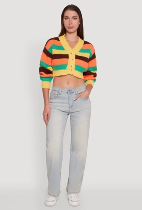 Daisy Striped V-Neck Button Front Cropped Cardigan Soft Fabric Look